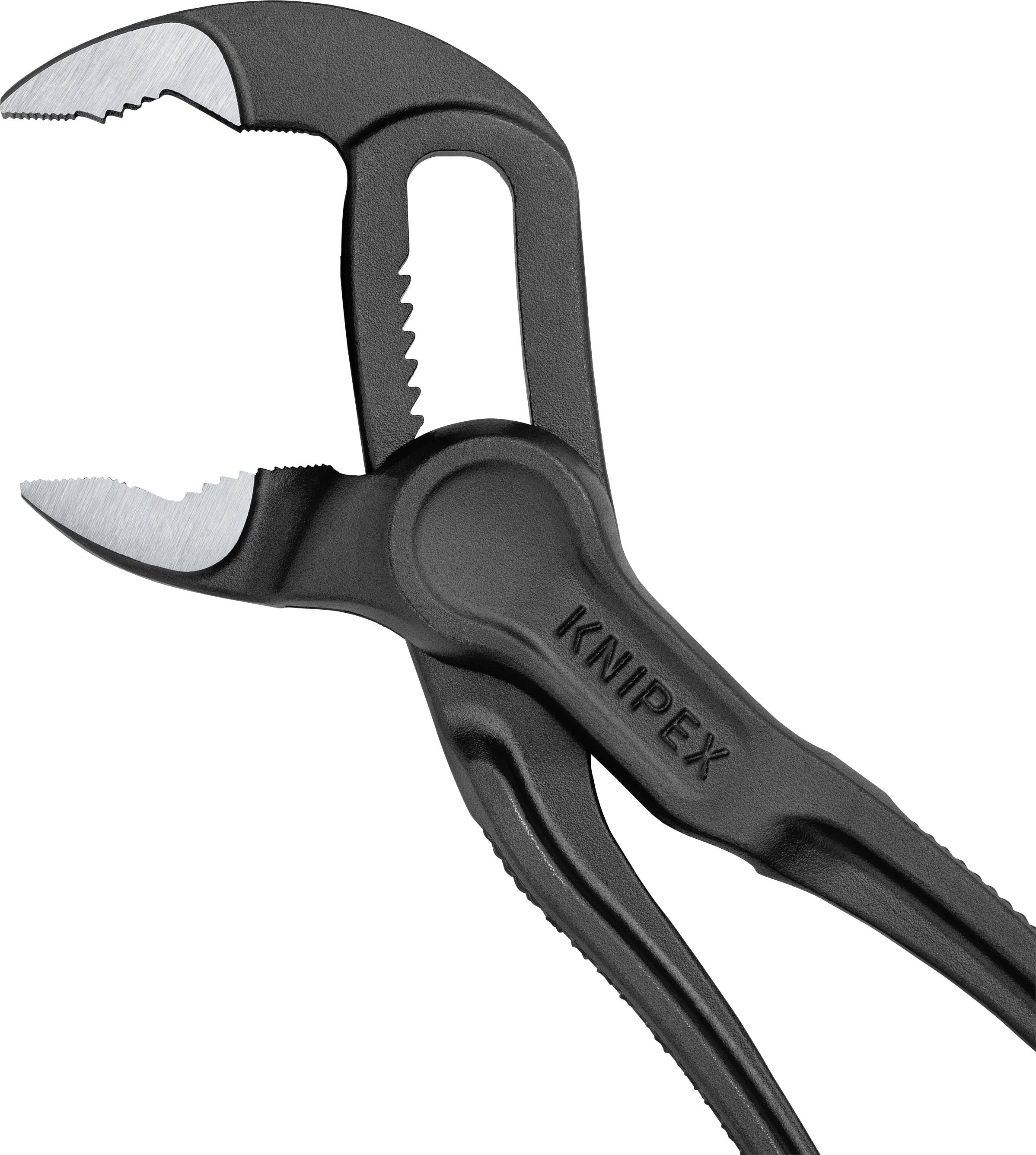 Une pince Knipex noire avec des mâchoires striées, adaptée pour saisir et tourner des tuyaux ou des écrous dans l'atelier.