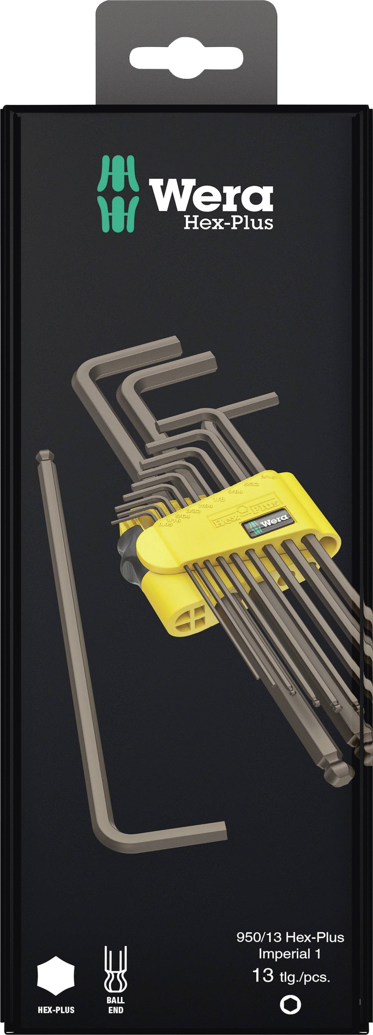Un ensemble de clés Allen de la marque Wera Hex-Plus dans un support jaune. Emballage sur fond noir avec le logo de la marque.