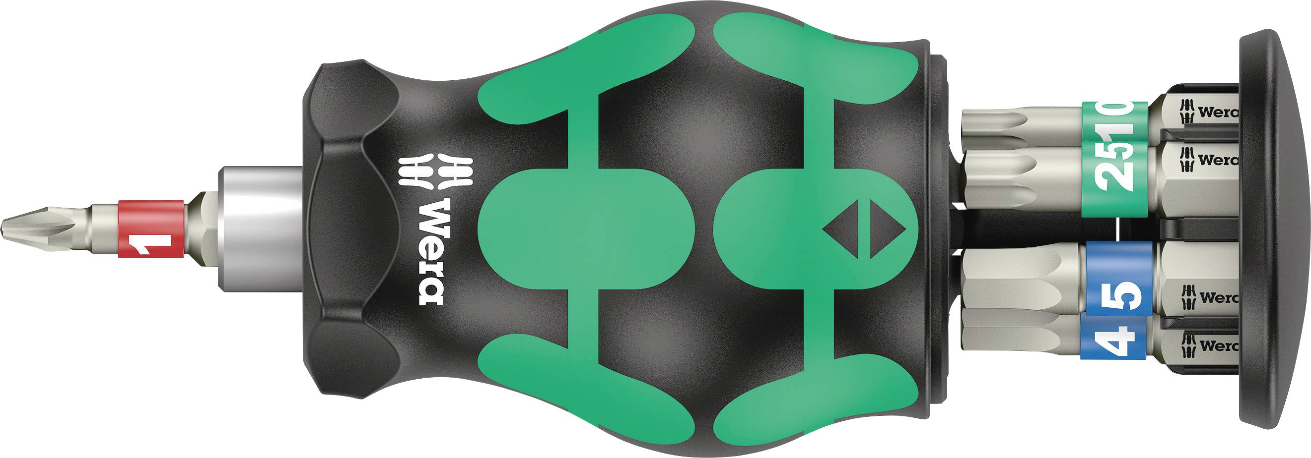 Tournevis Wera avec manche noir et vert, équipé de plusieurs embouts interchangeables de différentes tailles intégrés dans le manche.
