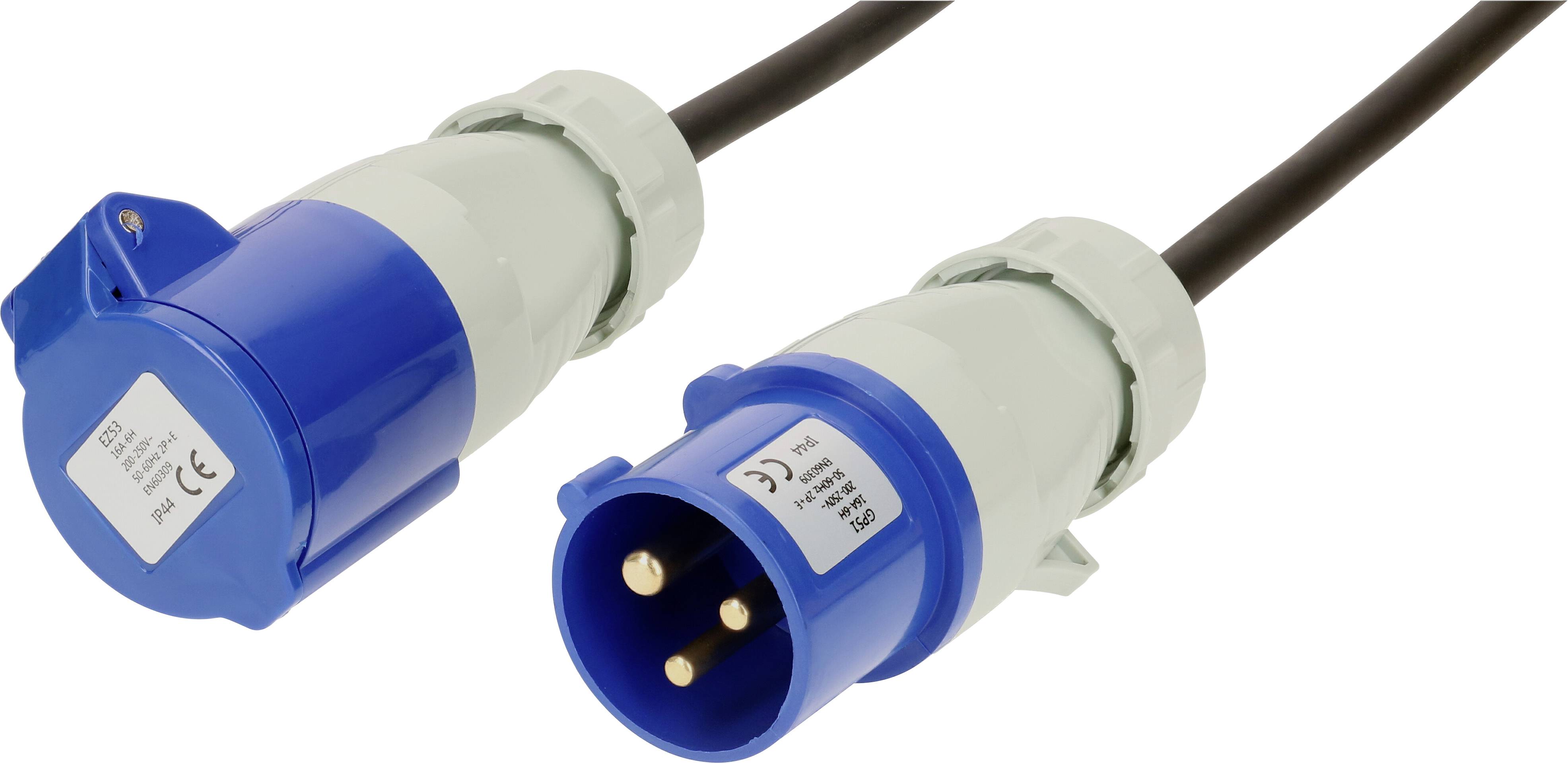 Un ensemble de prise CEE bleu tripolaire, comprenant une fiche et une prise, couramment utilisé pour des applications industrielles.