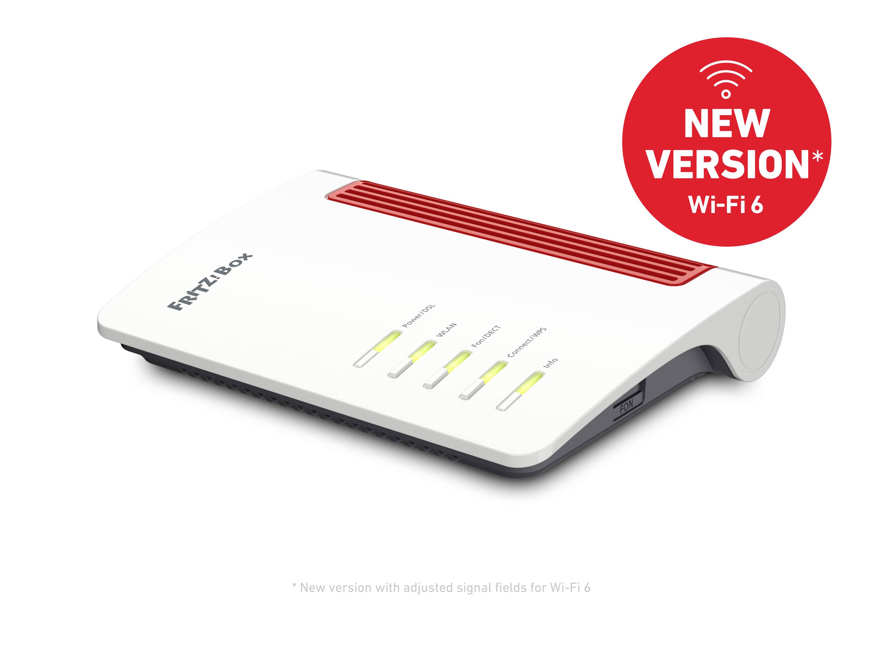 Un routeur blanc avec un détail rouge, portant l'inscription 'Fritz!Box' sur le côté. Un cercle rouge indique 'NEW VERSION Wi-Fi 6'.