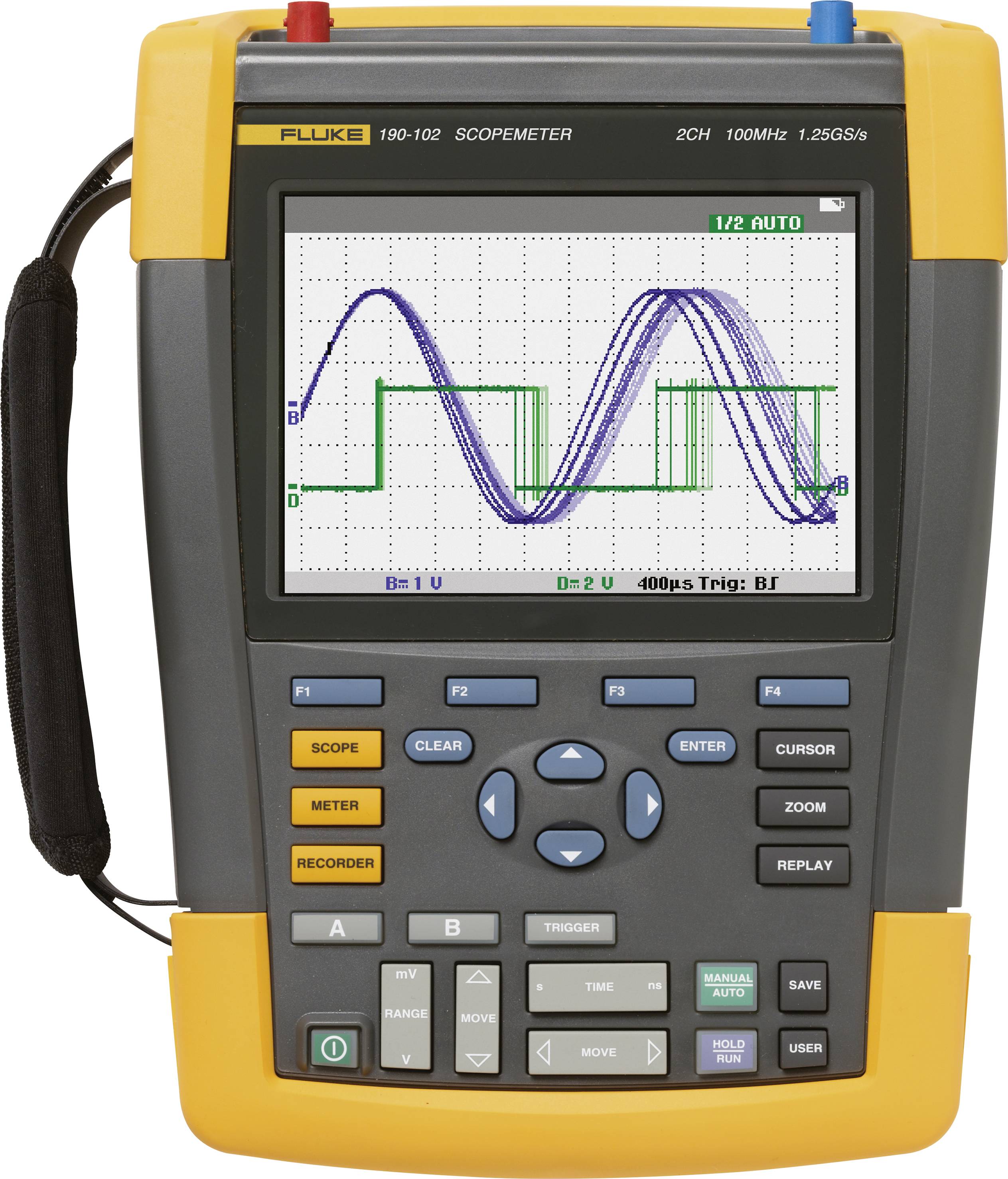 Oscilloscope portable montrant un signal d'oscillation. L'écran affiche deux formes d'ondes superposées. L'appareil a un boîtier jaune et gris.