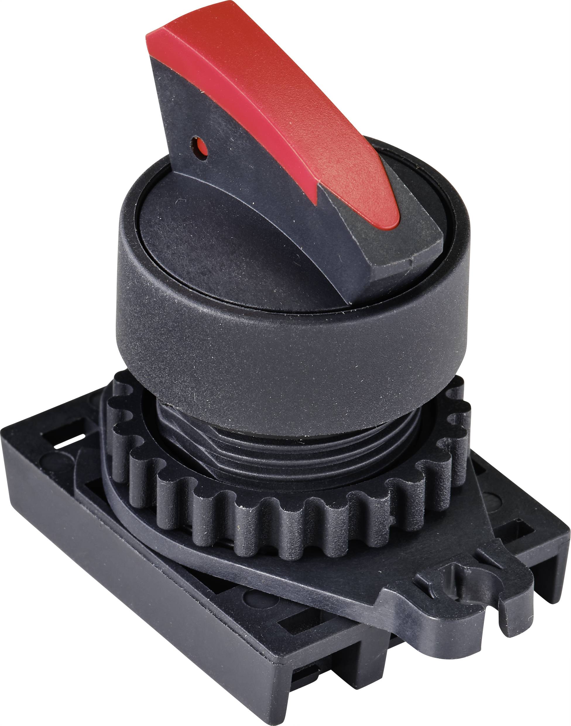Interrupteur rotatif noir avec levier rouge, monté sur un socle noir. Adapté pour des applications industrielles ou électroniques.