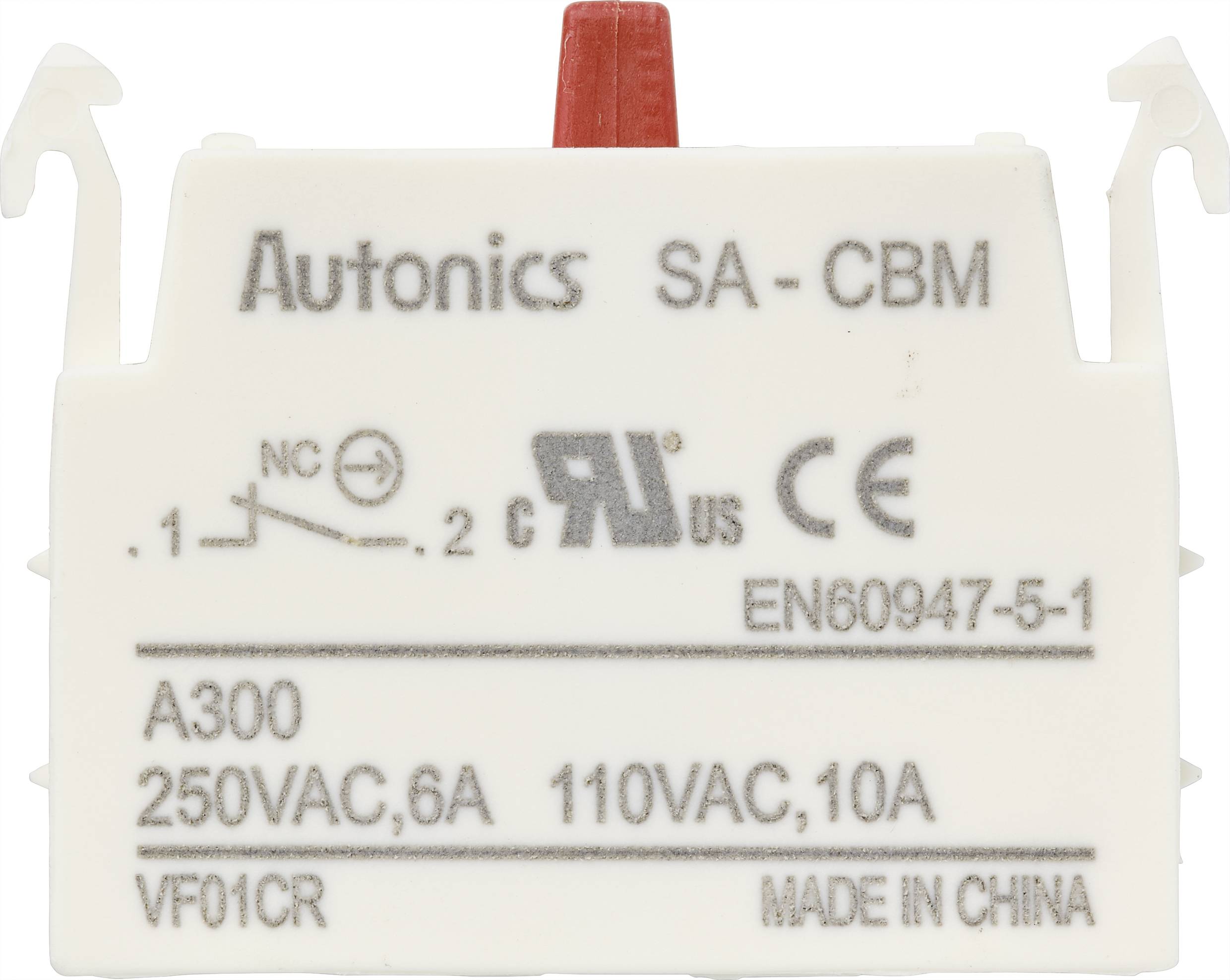 Composant de commande blanc avec spécifications techniques et logos de certification, fabriqué en Chine. Marquage : Autonics SA-CBM.