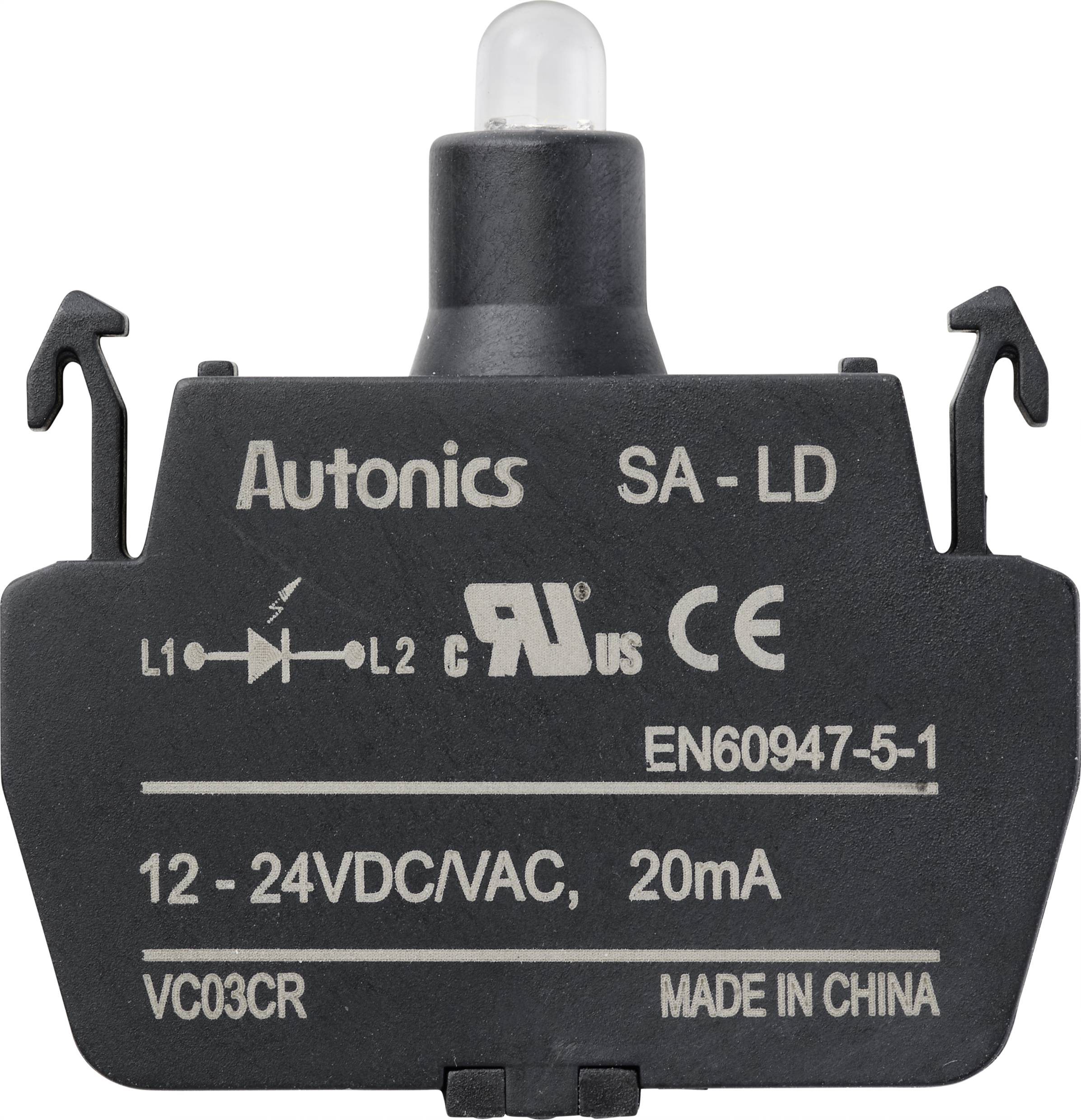 Un capteur noir d'Autonics (modèle SA-LD) avec des spécifications techniques pour la tension (12-24 VDC/VAC) et le courant (20 mA).