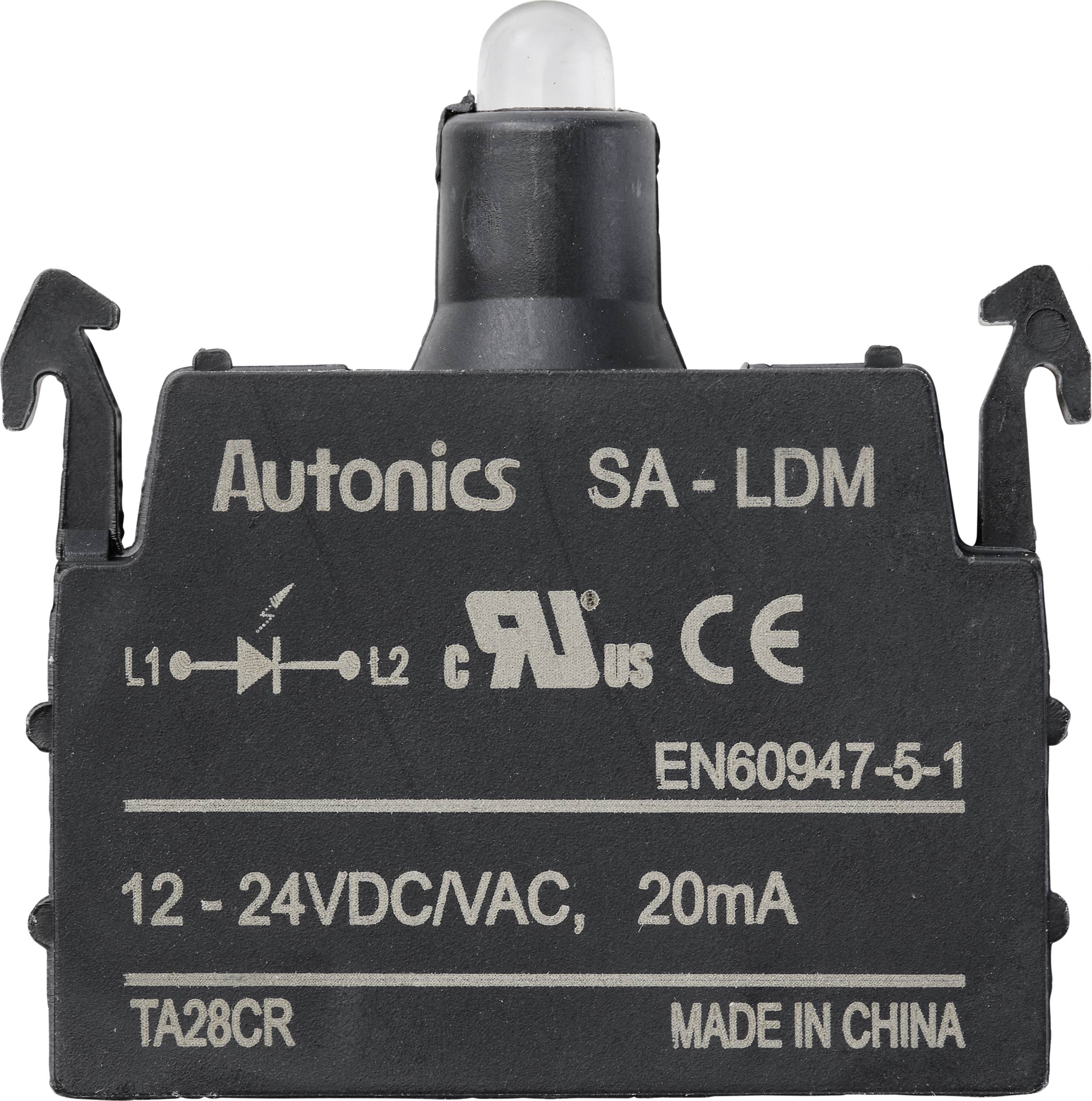 Commutateur 'Autonics SA-LDM', boîtier en plastique noir, LED en haut, spécifications : 12-24V DC/AC, 20mA, fabriqué en Chine.