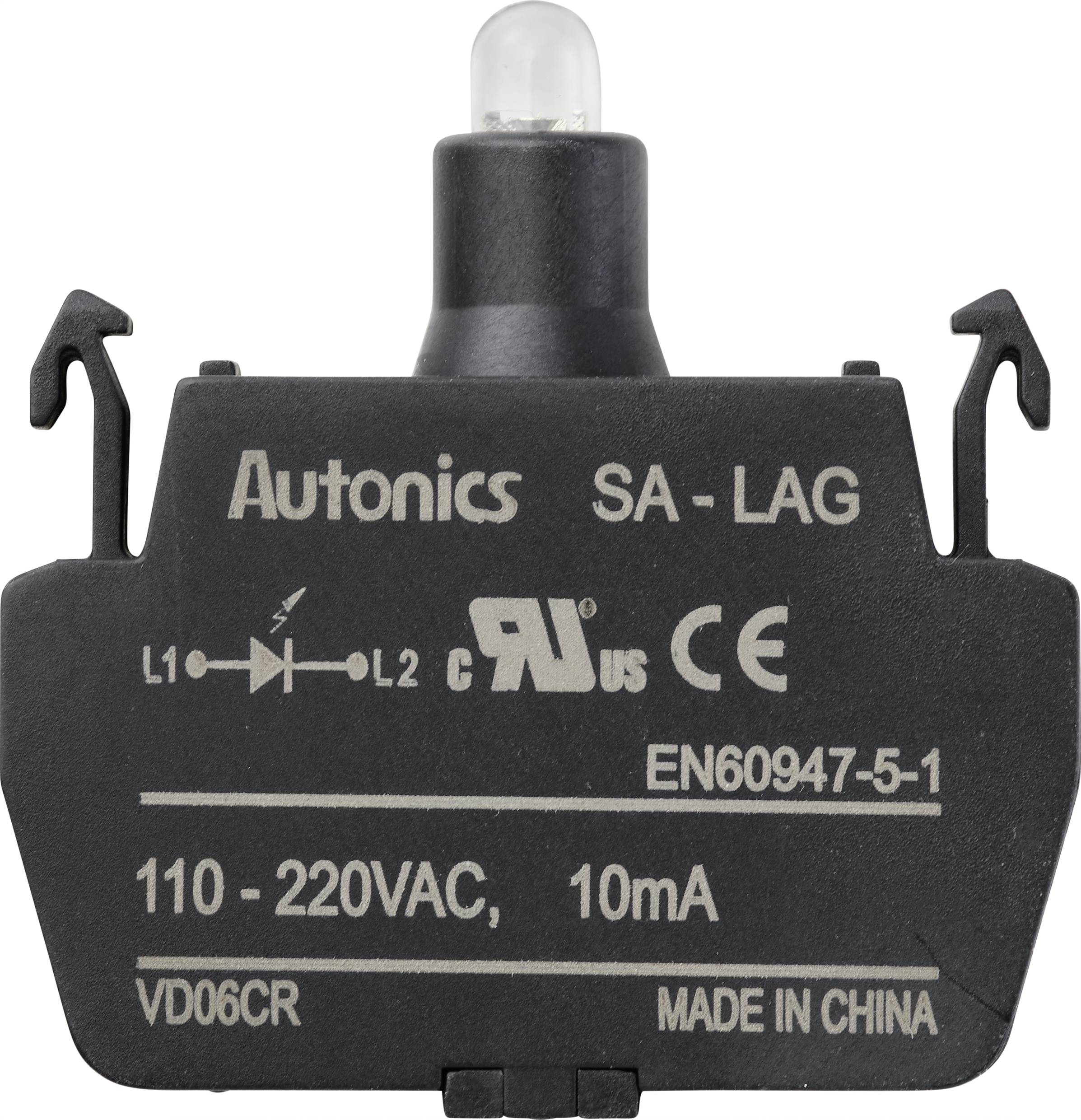 Pièce de rechange Autonics SA-LAG noir avec impression '110-220VAC, 10mA'. Le dessus comporte des supports et une lentille cylindrique.