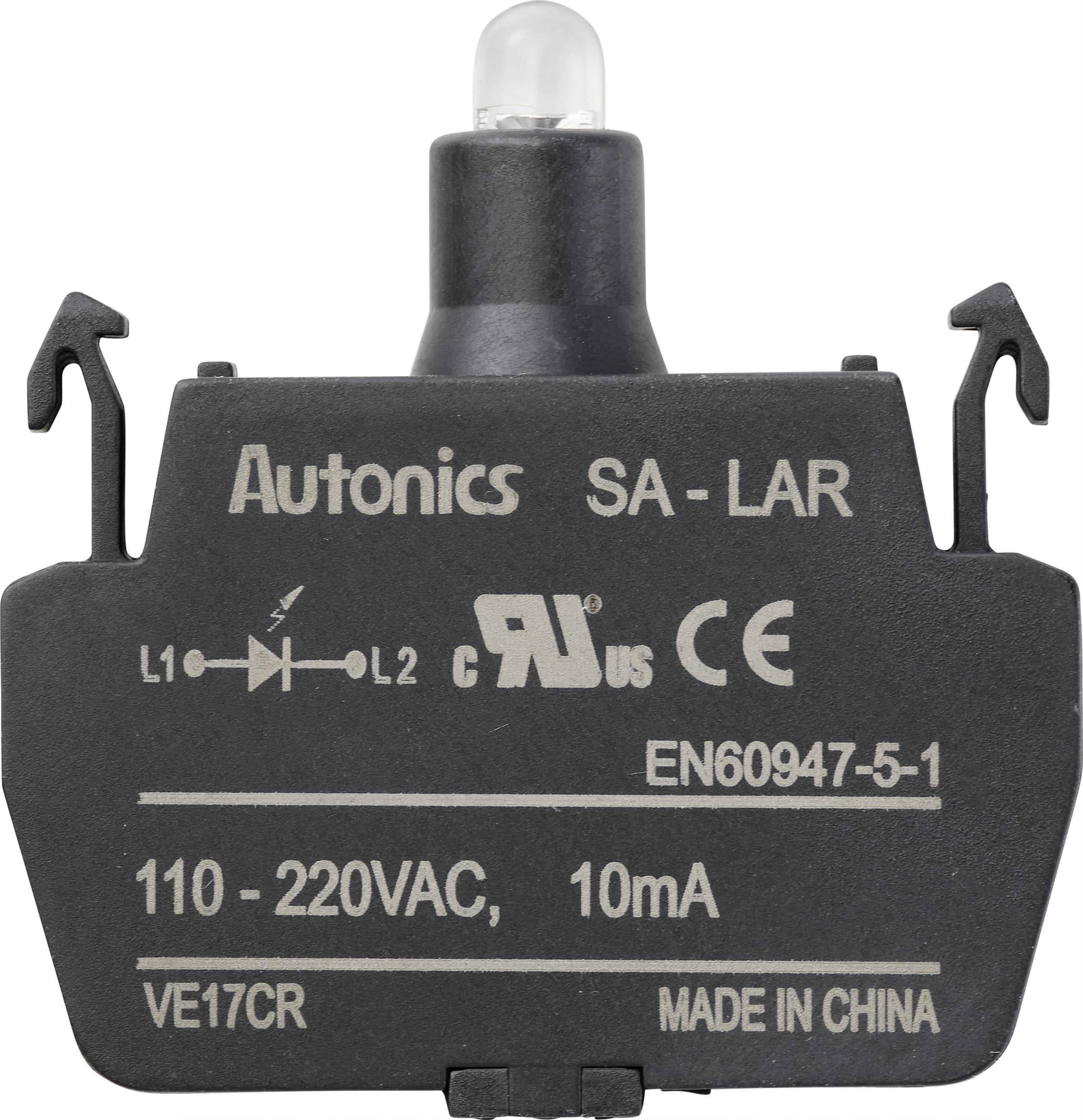 Un interrupteur électrique Autonics, modèle SA-LAR. L'inscription indique 110-220 VAC, 10 mA, le marquage CE et « Made in China ».