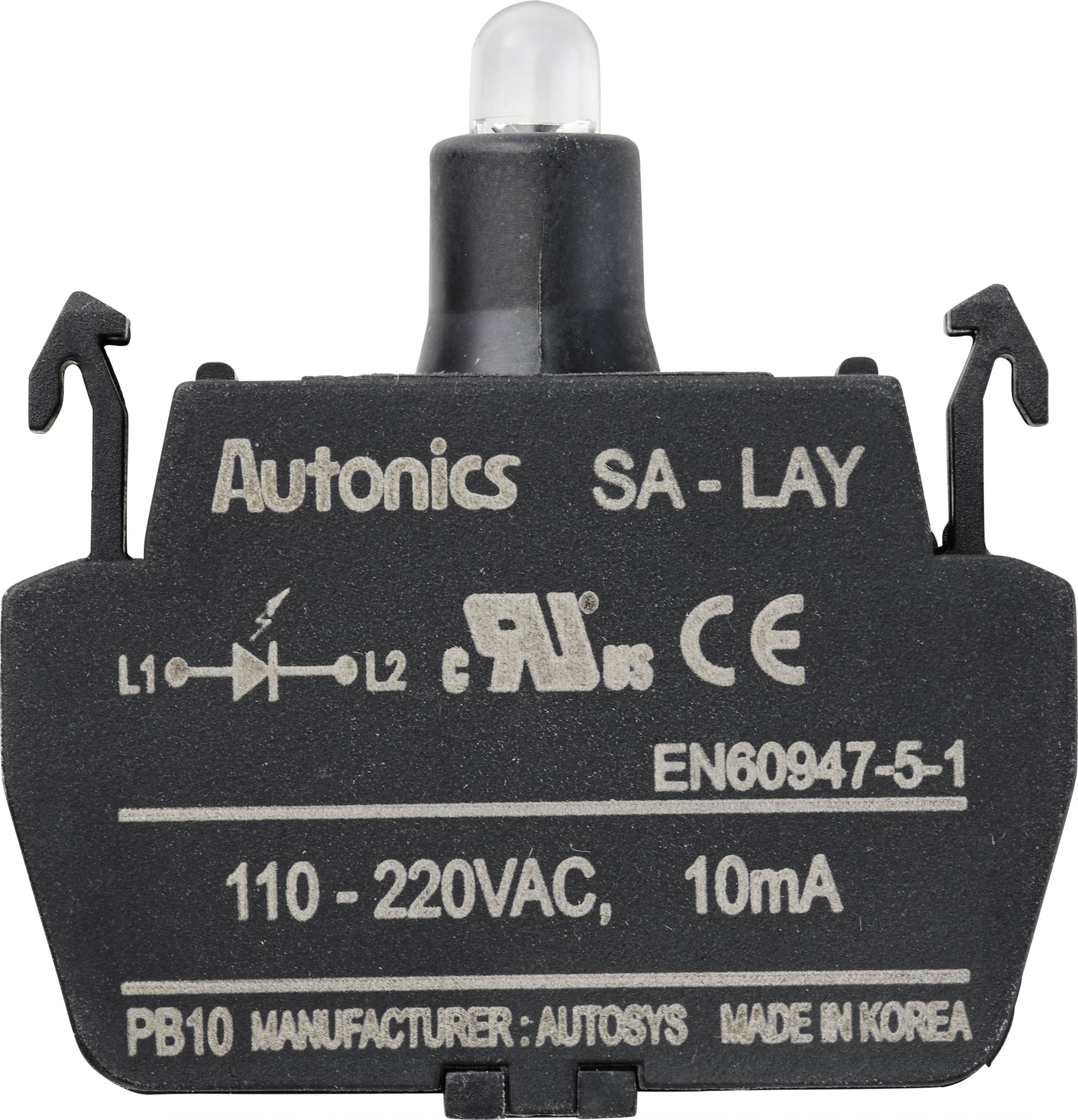 Interrupteur noir de marque 'Autonics' avec marquage 'SA-LAY', voyant LED en haut, spécifications 110-220V AC, 10mA, fabriqué en Corée.