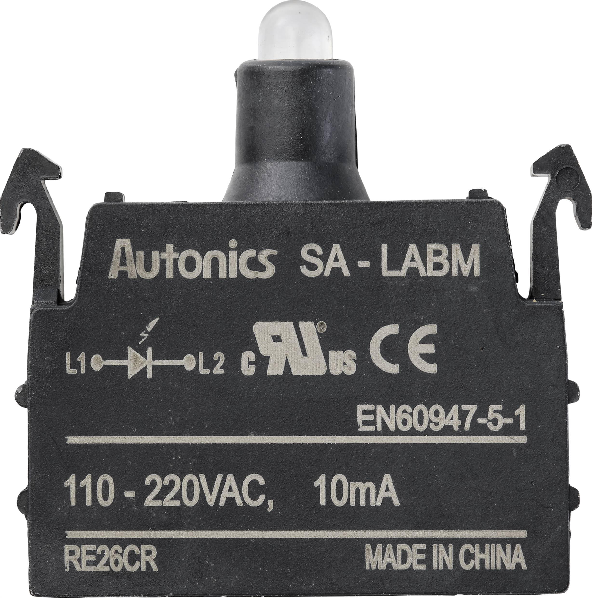Interrupteur noir avec étiquette : 'Autonics SA-LABM', tension '110-220VAC', courant '10mA', et 'Made in China'.