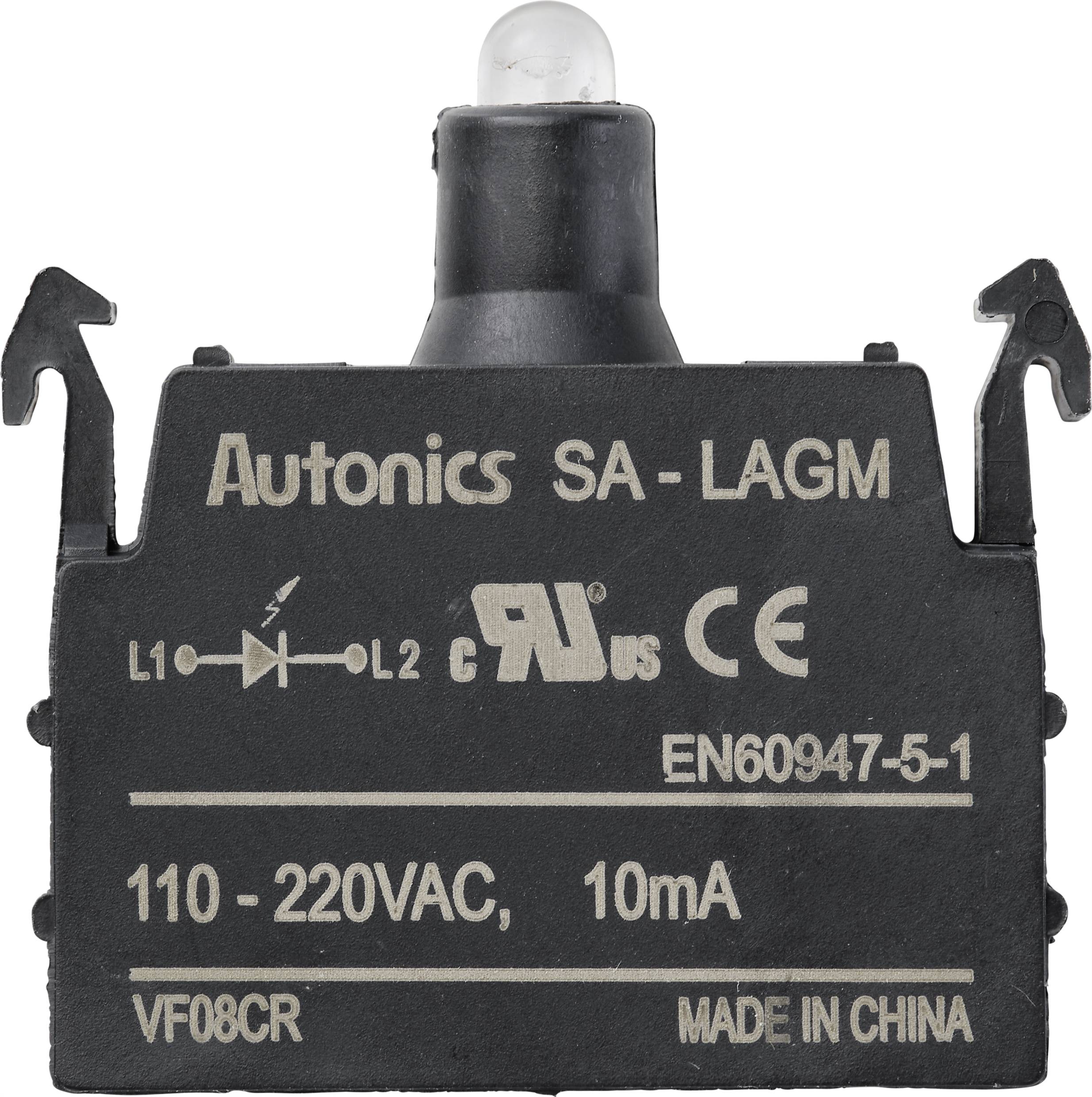 Capteur noir d'Autonics, modèle SA-LAGM, tension 110-220V AC, 10 mA. Certifications : CE, EN60947-5-1. Fabriqué en Chine.
