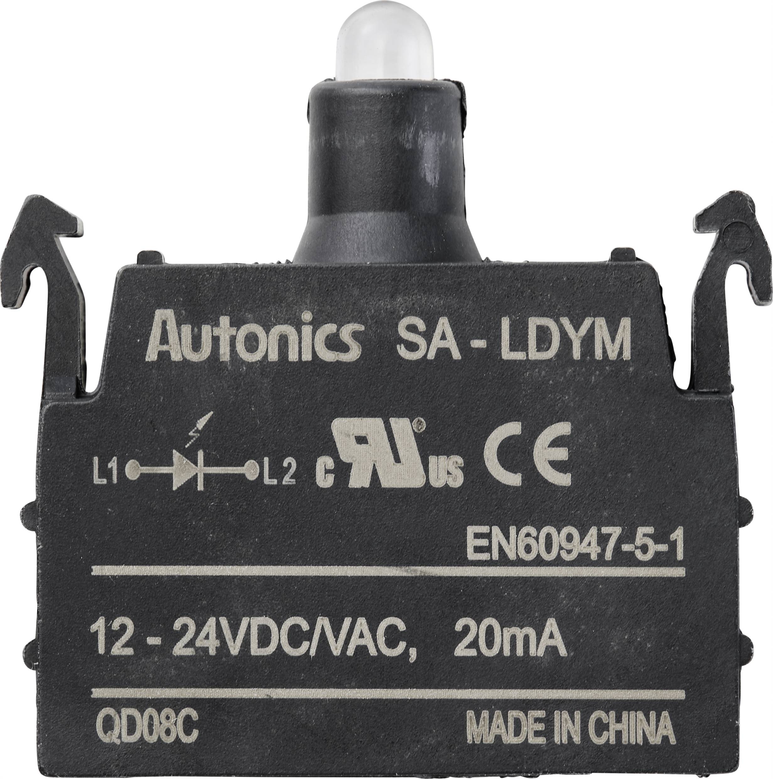 Commutateur Autonics noir avec impression blanche, modèle SA-LDYM, 12-24VDC/VAC, 20mA. Marquage CE, fabriqué en Chine.