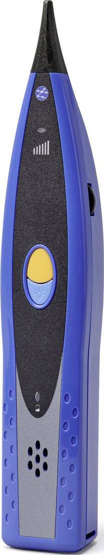 Un appareil électronique bleu-noir avec un bouton jaune, probablement utilisé pour la mesure ou la détection, est placé verticalement.