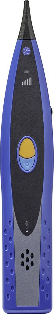 Un appareil bleu tenu à la main avec un bouton orange au centre, probablement utilisé pour le contrôle ou la mesure.