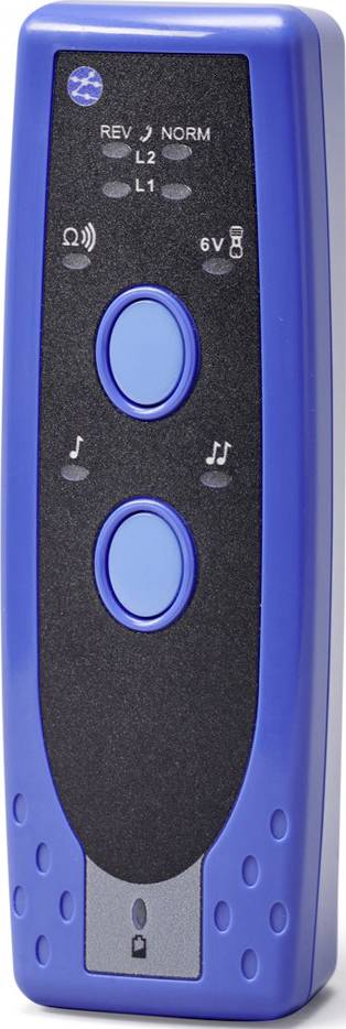 Télécommande avec deux boutons bleus, différents symboles de musique et d'écouteurs, et un indicateur de batterie en haut à droite.