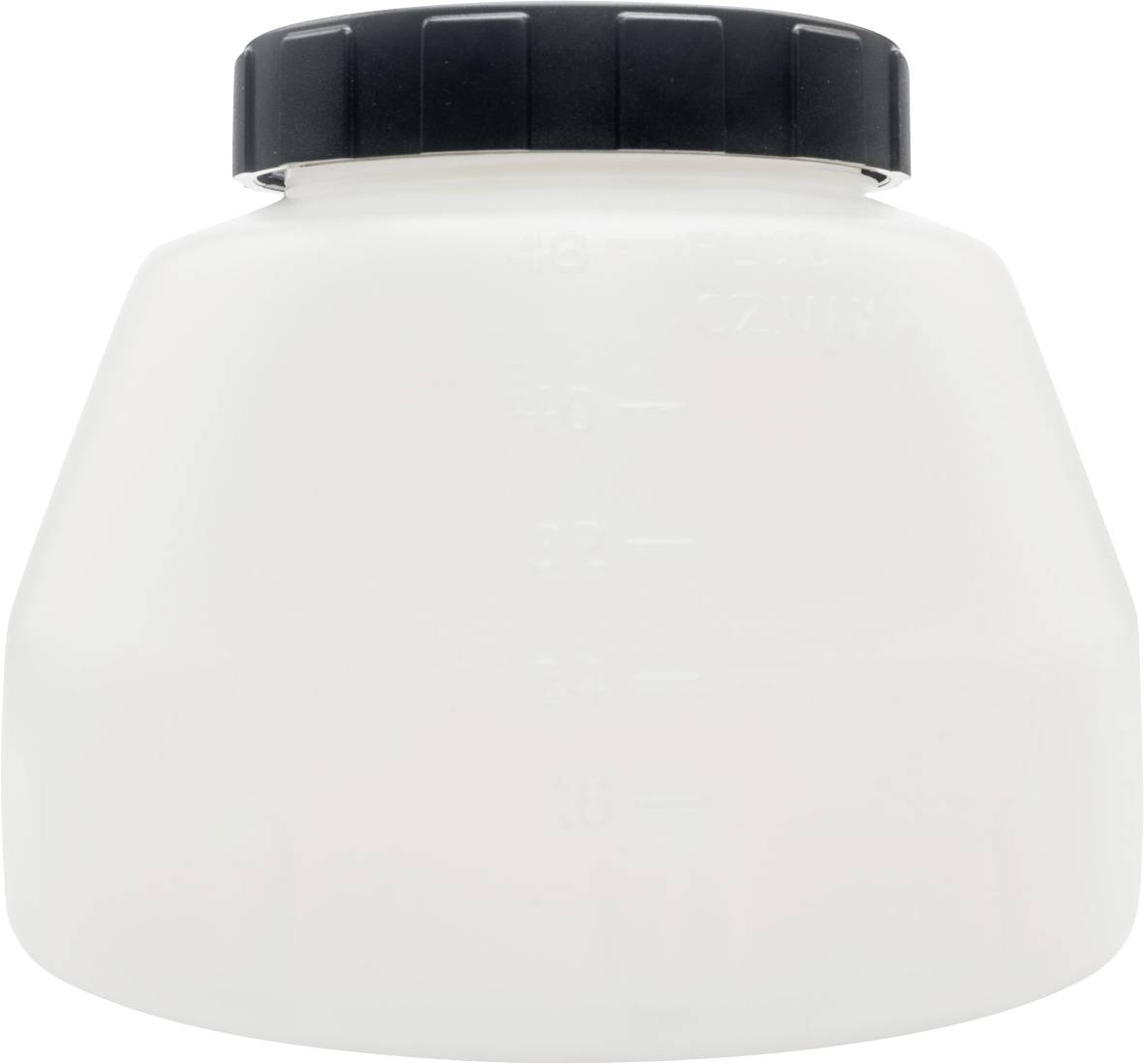Un récipient en plastique blanc avec un bouchon à vis noir, gradué en millilitres sur le côté.