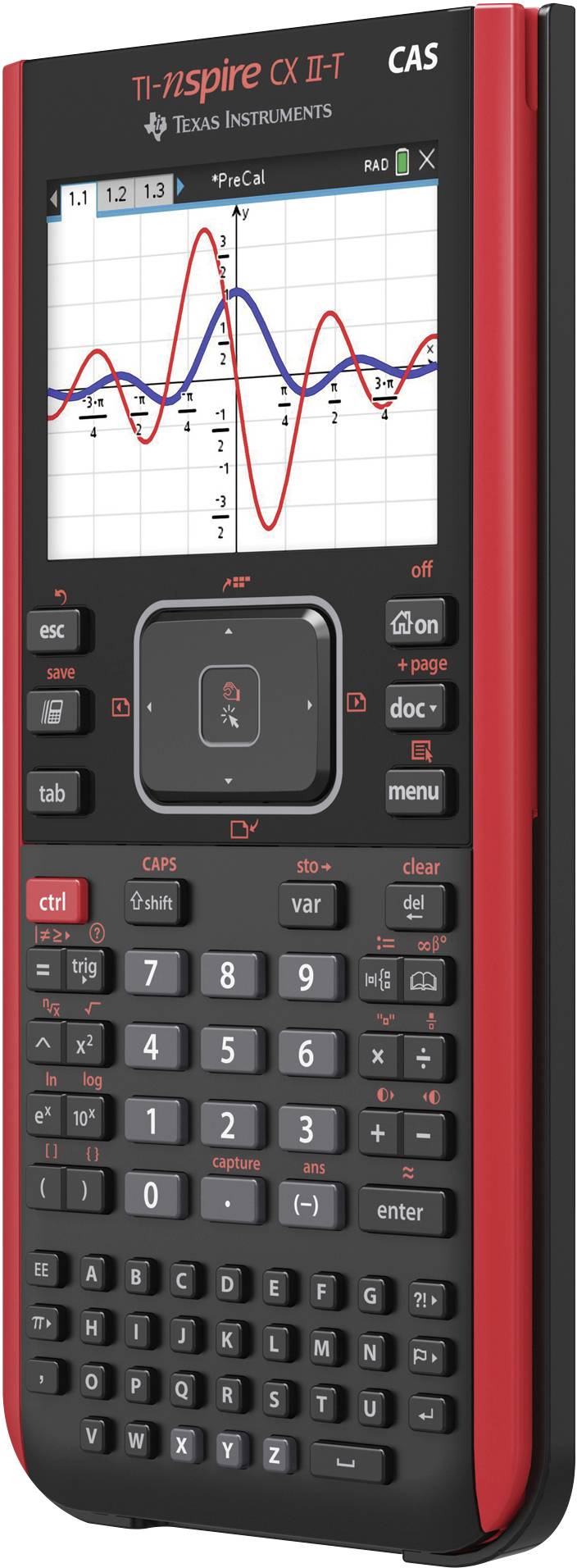 Calculatrice rouge avec un écran graphique affichant deux courbes mathématiques superposées. Les fonctions et les touches sont visibles.