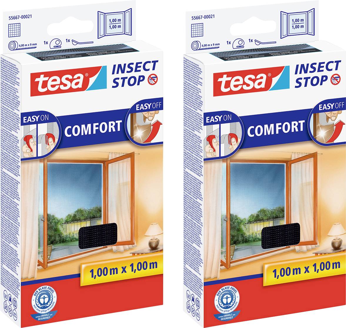 Deux paquets de moustiquaires Tesa Insect Stop Comfort, 1,00 m x 1,00 m, tels que représentés sur l'emballage.