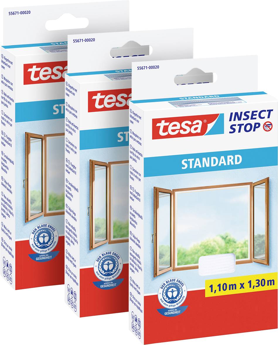 Trois paquets de 'tesa Insect Stop STANDARD' avec une image d'une fenêtre ouverte, un filet de protection transparent et des dimensions de 1,10 m x 1,30 m.
