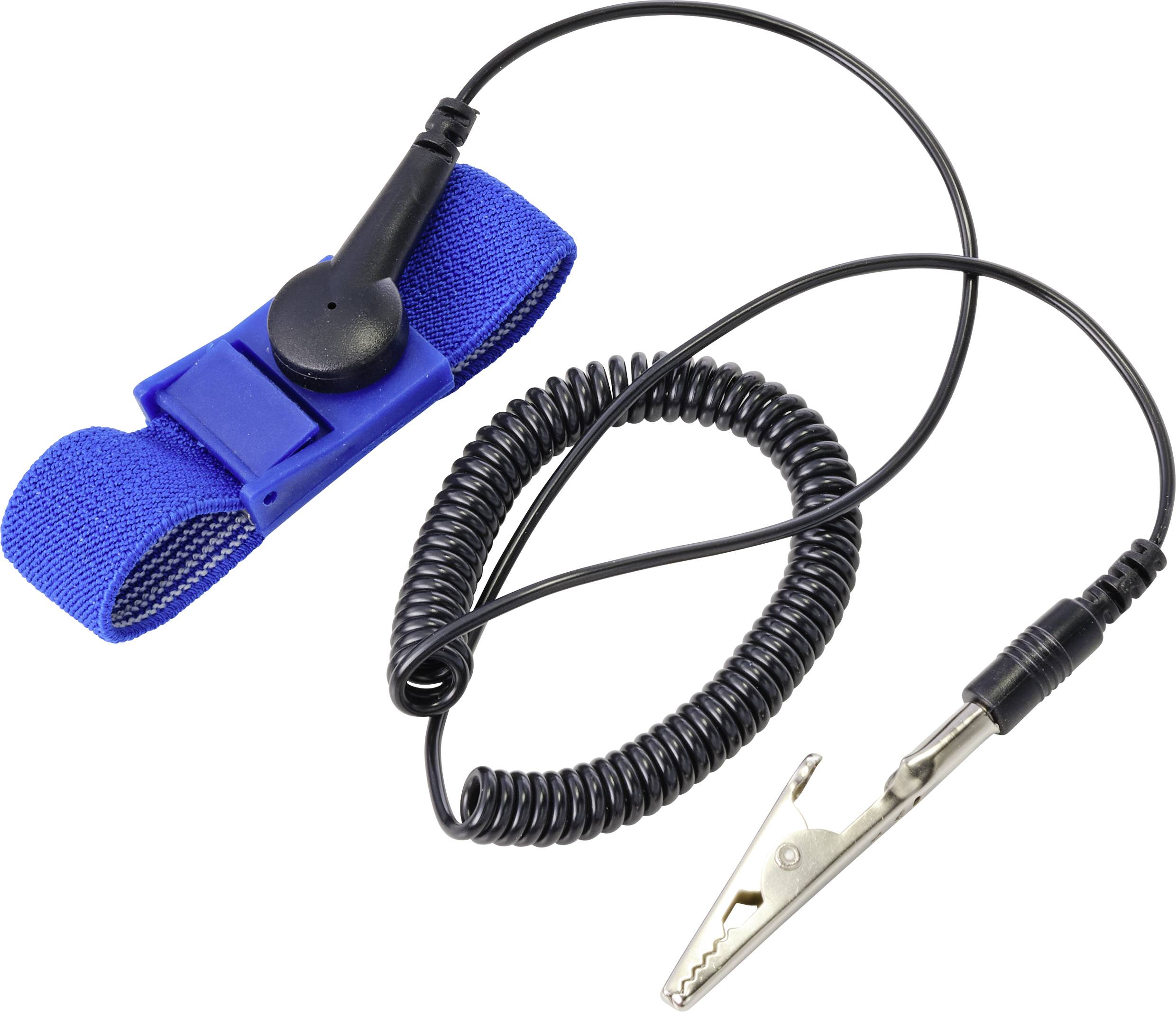 Un bracelet antistatique bleu avec câble spiralé et pince crocodile, utilisé pour évacuer l'électricité statique.