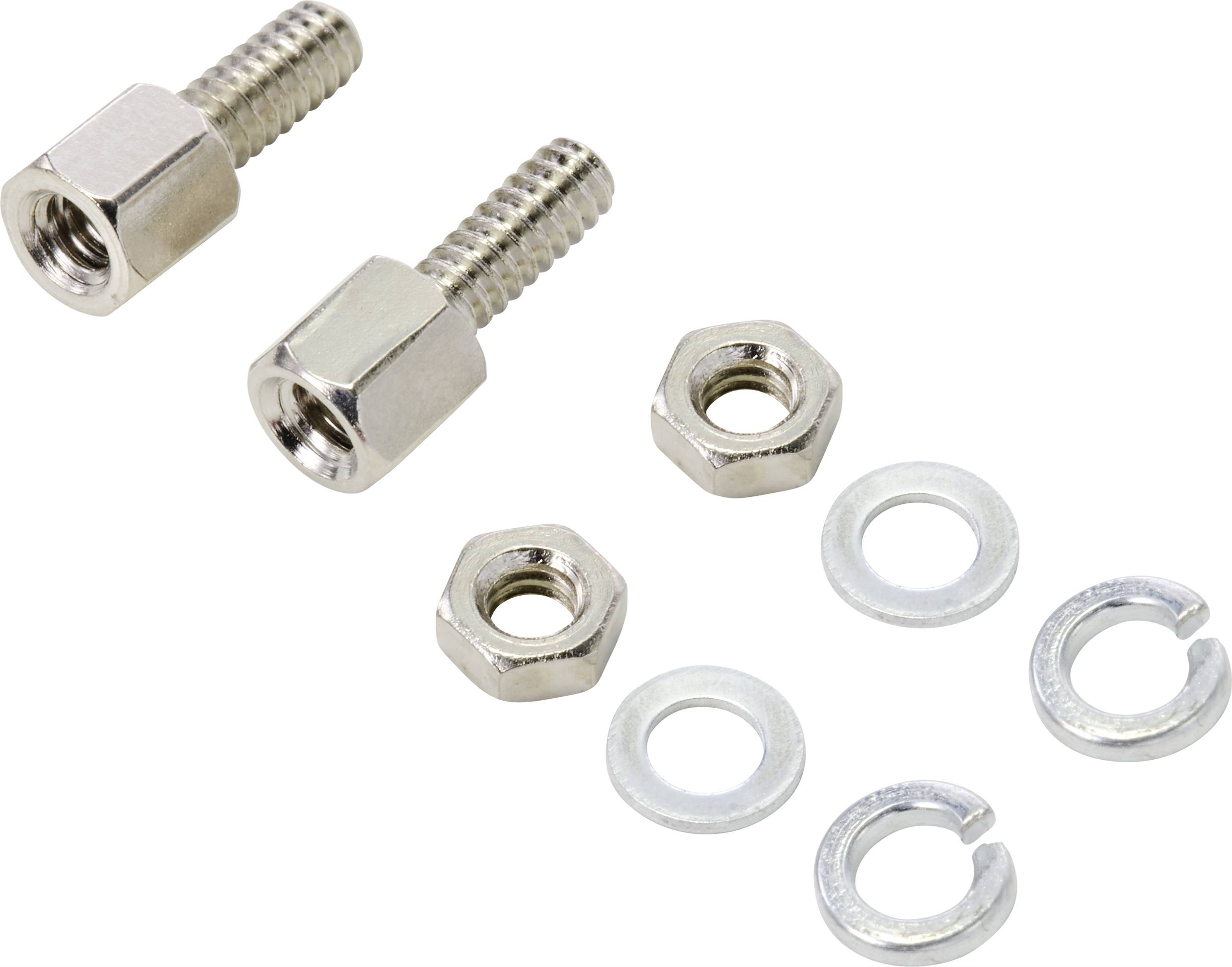 Ensemble de vis comprenant deux vis, deux écrous et quatre rondelles sur fond blanc. Adapté pour les montages techniques.