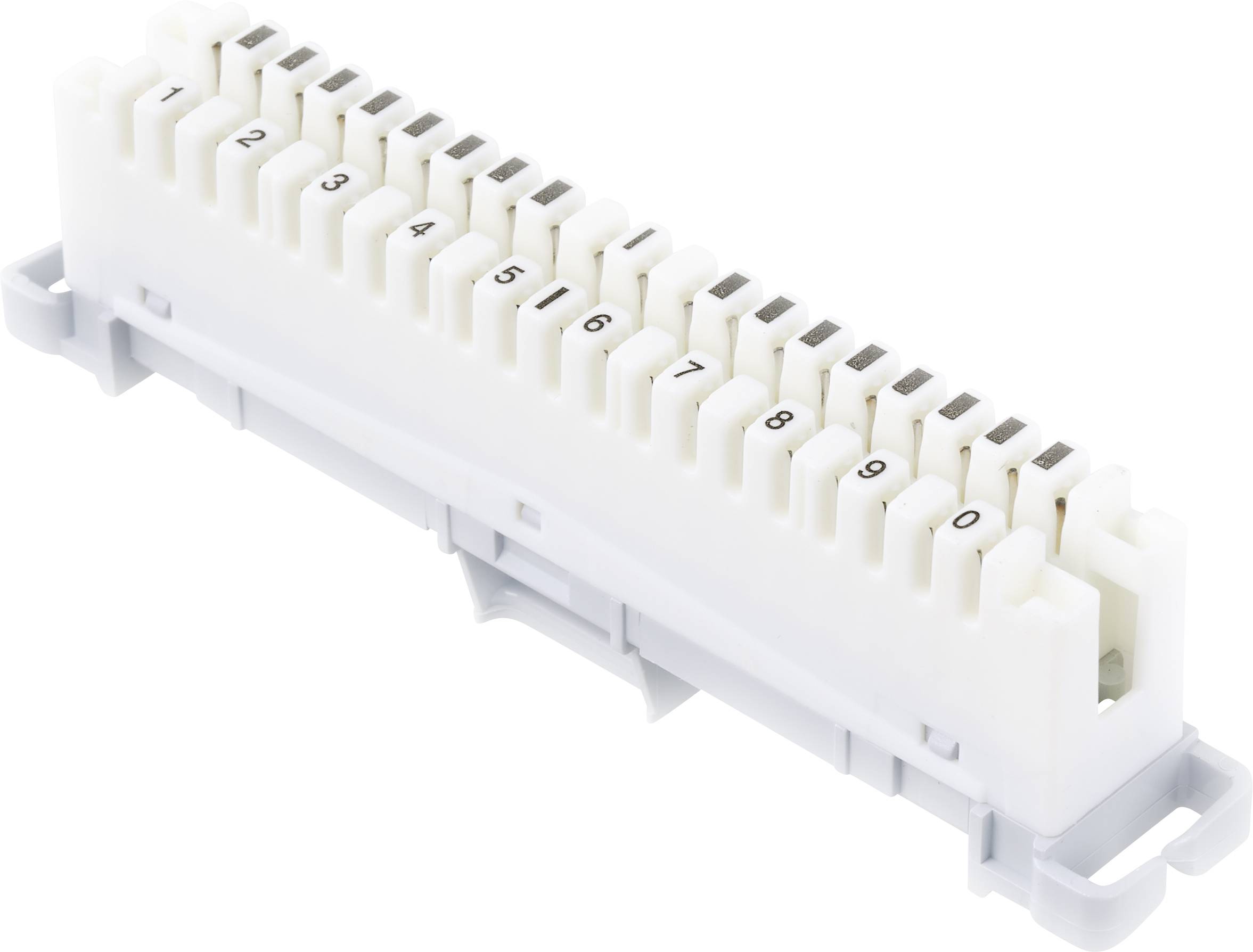 Weißer elektrischer Anschlussterminal mit 10 nummerierten Steckplätzen in einer Reihe; dient zum Anschluss und zur Verteilung von Kabeln.