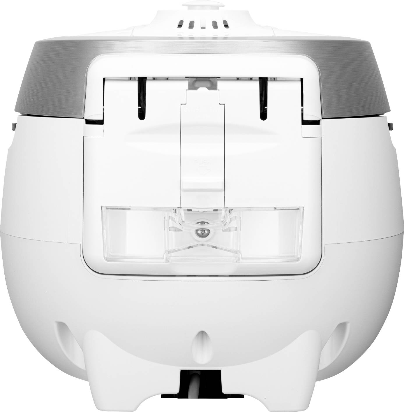 Un robot de cuisine blanc qui ressemble à une cocotte automatique, avec des touches argentées sur le dessus.