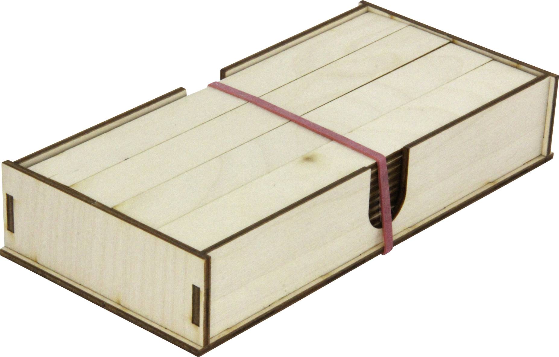 Boîte en bois avec quatre compartiments, maintenue par un élastique rouge, sur fond blanc.