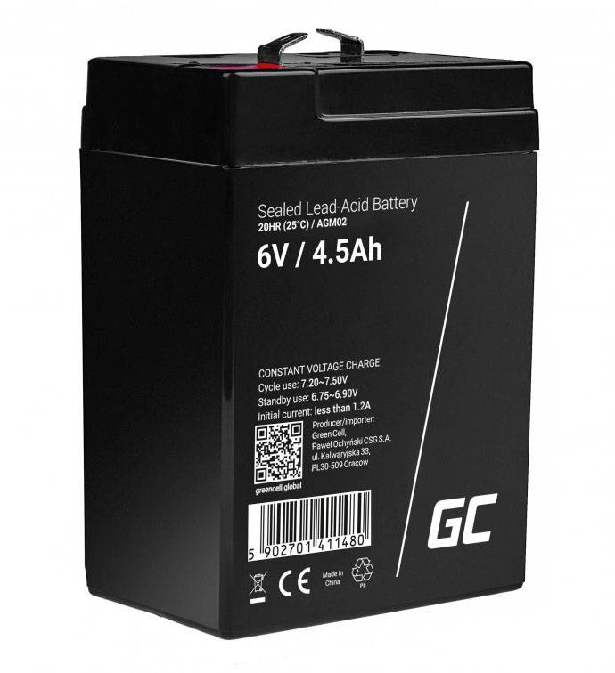 Green Cell AGM02 Batterie au plomb 6 V 4.5 Ah plomb-gel (l x H x P) 70 x 104 x 47 mm cosses plates 4,8 mm résistant aux cycles de