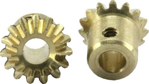 Zwei goldfarbene Zahnräder aus Metall, eins von vorne und eins von der Seite gesehen, zeigen ihre Zähne und Bohrungen.