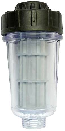 Un filtre à eau transparent avec un couvercle noir et un élément filtrant intégré. Idéal pour le traitement de l'eau dans les foyers.