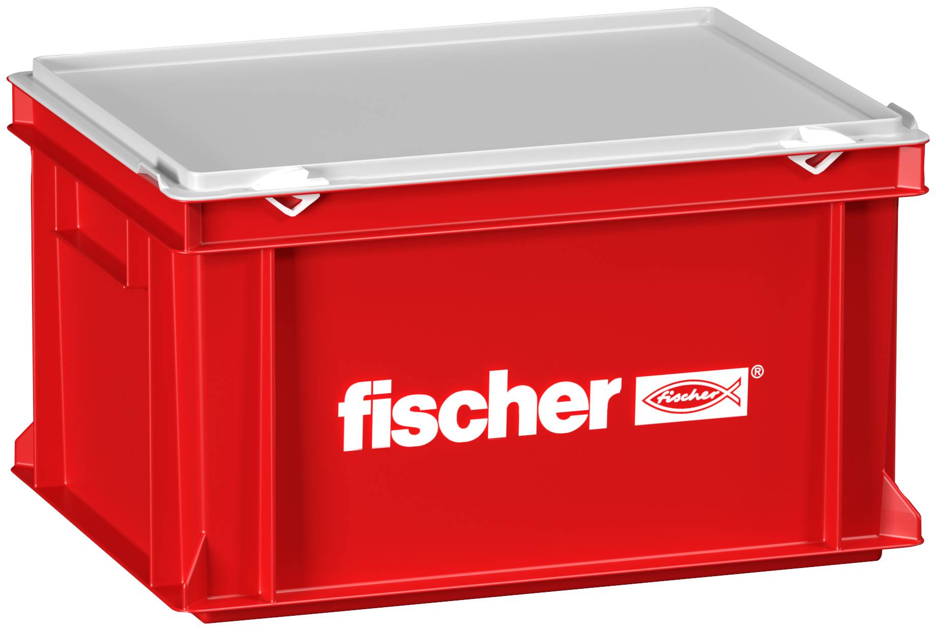 Caisse en plastique rouge avec un couvercle blanc sur laquelle est inscrit 'fischer'.