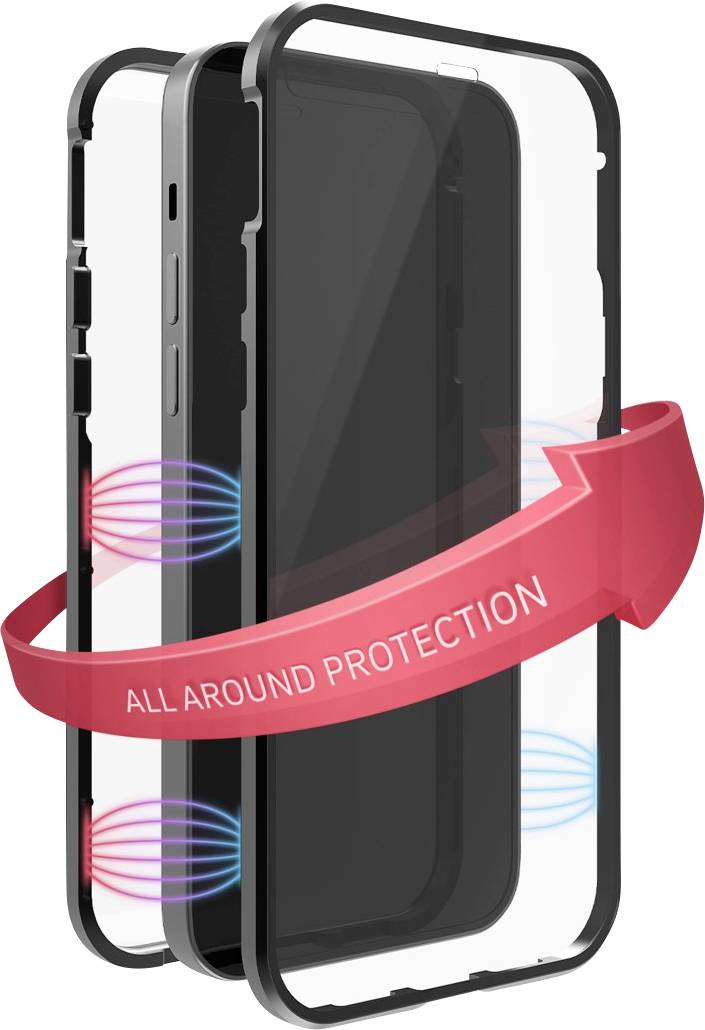 Coque de smartphone en trois parties, offrant une 'Protection Intégrale'. Illustre la symbolique de protection avec des lumières colorées et une flèche rouge.