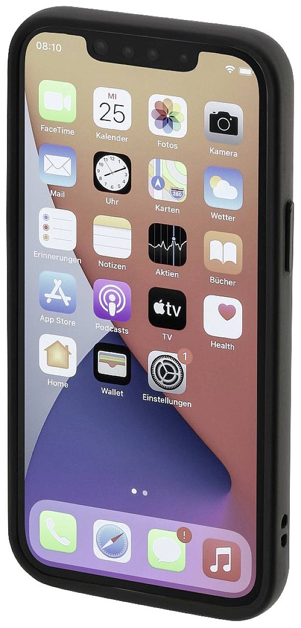 Smartphone avec écran couleur affichant des icônes d'applications telles que Téléphone, Calendrier, Photos et Appareil photo. Fond d'écran dans des tons de rose et de bleu.