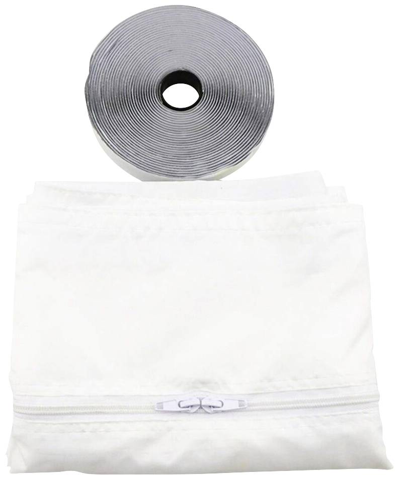 Une bande de tissu blanc et un rouleau de ruban gris. Le tissu possède une fermeture à glissière.