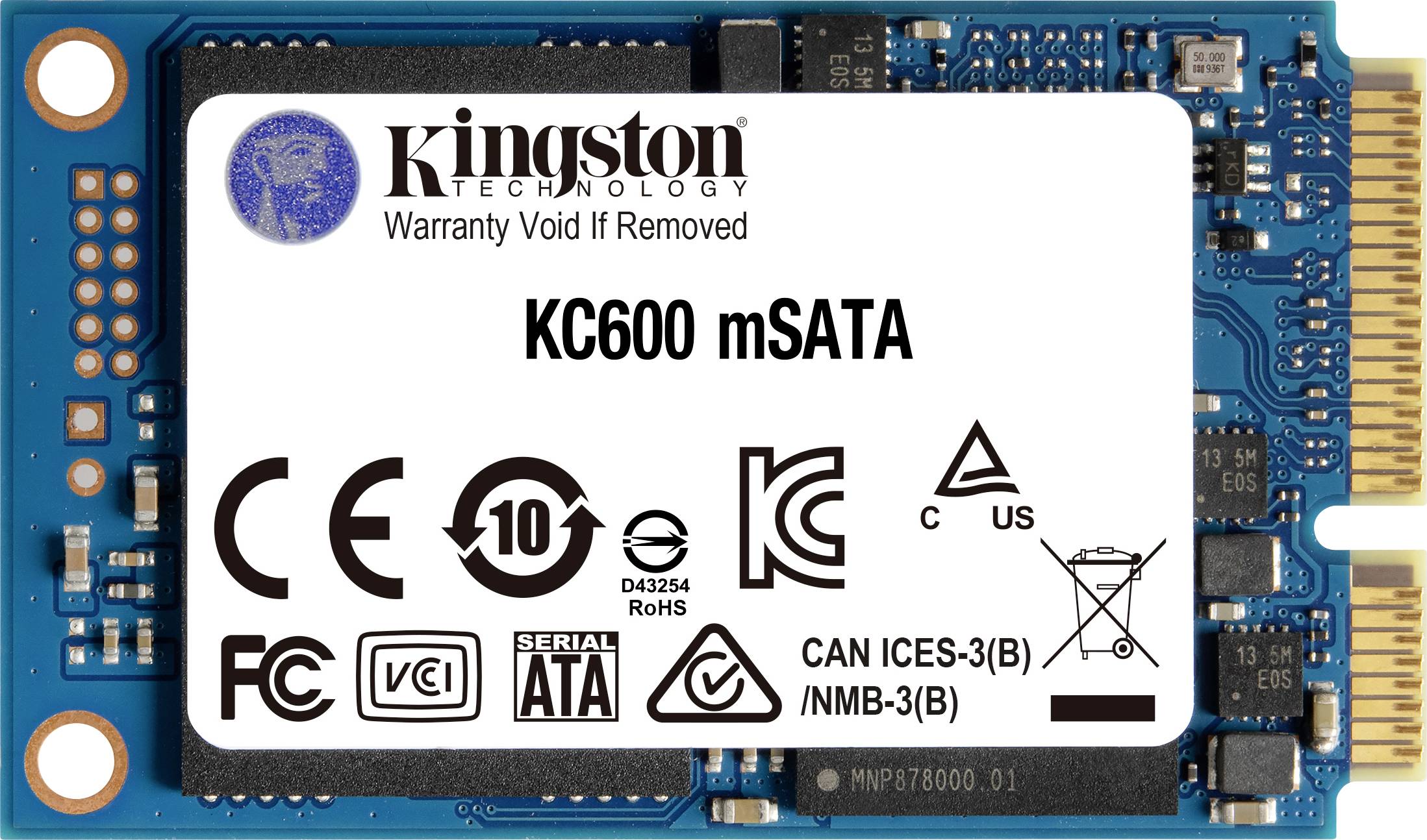 Une SSD mSATA de Kingston, modèle KC600, avec étiquette et symboles de certification.