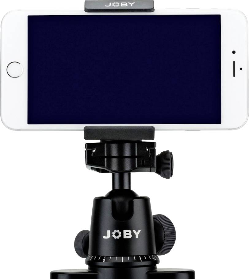 Un smartphone est monté horizontalement sur un trépied noir de Joby, prêt pour des prises de photos ou de vidéos.