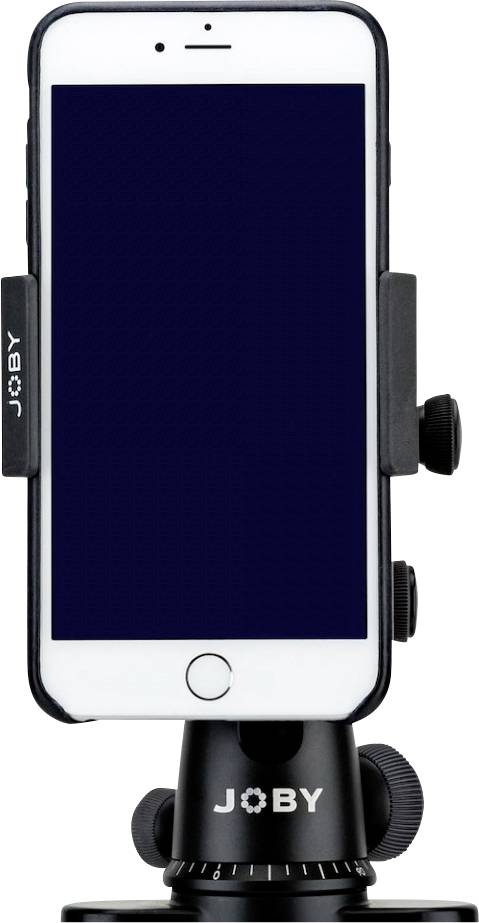 Un smartphone dans un support noir de Joby, monté sur un socle pivotant. L'écran est éteint.