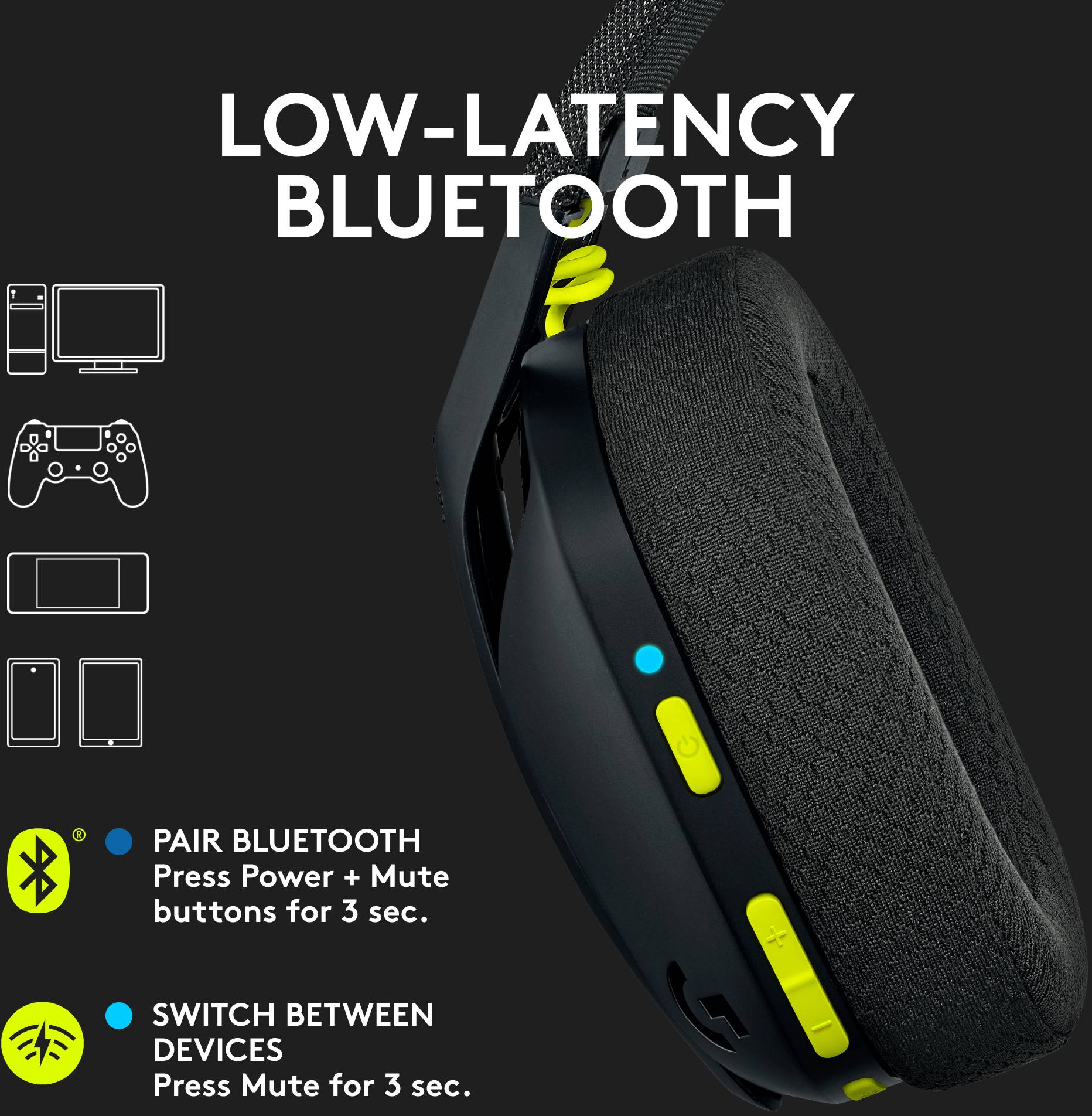 Grand casque noir avec des détails jaunes. Texte sur l'image : 'Délai minimal grâce au Bluetooth'. Mode d'emploi du couplage décrit.