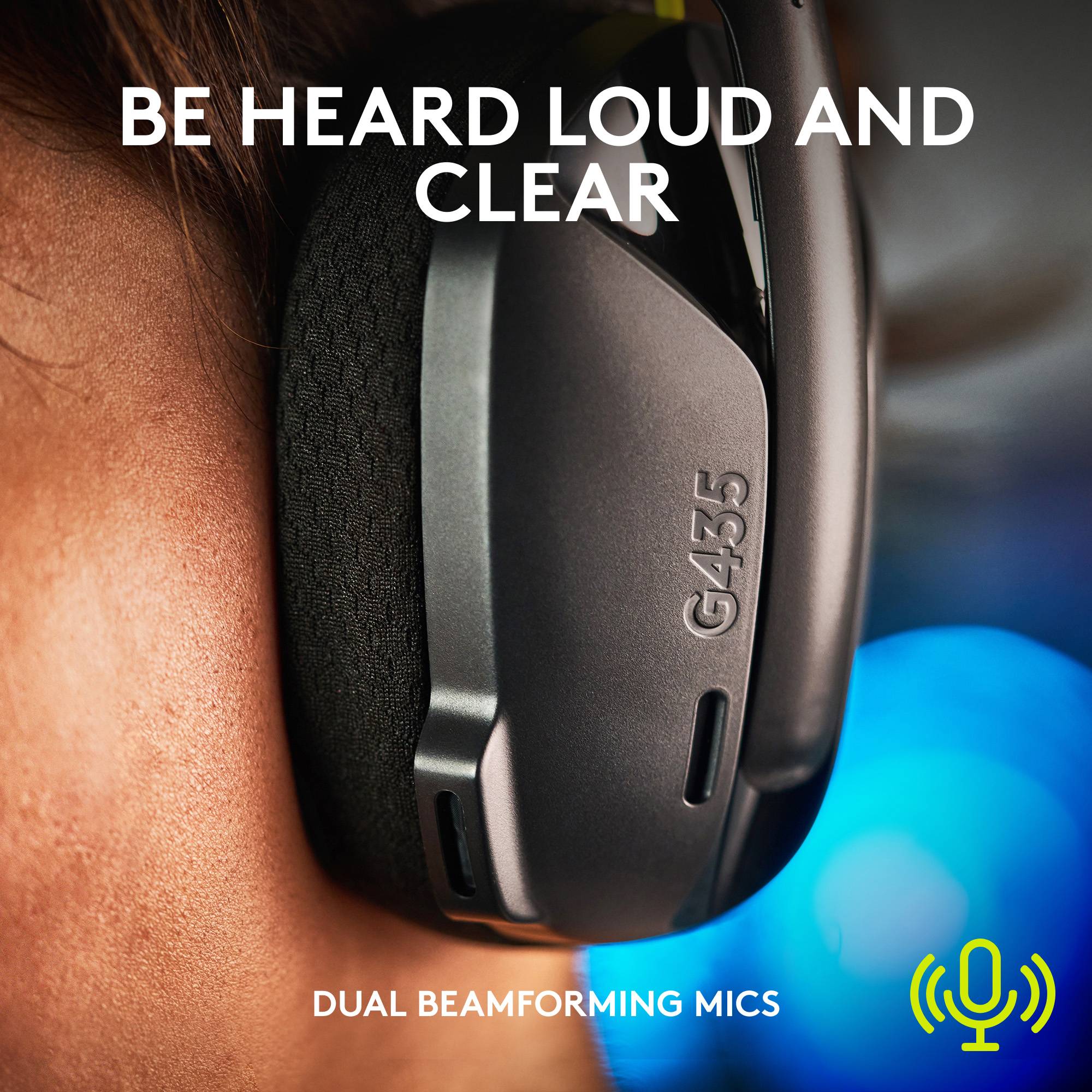 Un homme porte un casque avec l'inscription 'G435'. Texte en haut : 'Faites-vous entendre – fort et clair'. En bas : 'Deux microphones à formation de faisceau'.