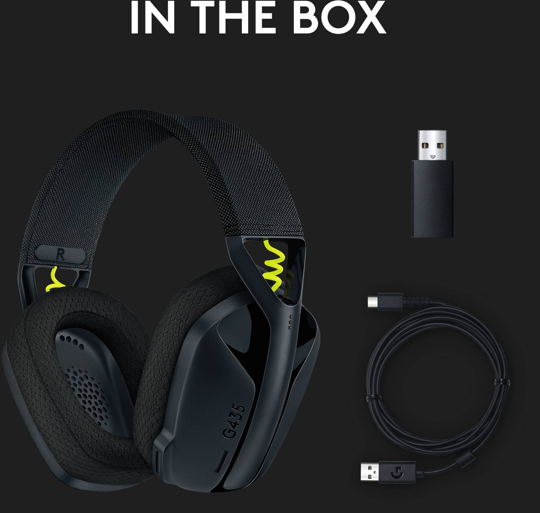 La figure montre une paire d'écouteurs noirs, un récepteur USB et un câble de charge sur un fond noir. En haut est écrit 'CONTENU'.
