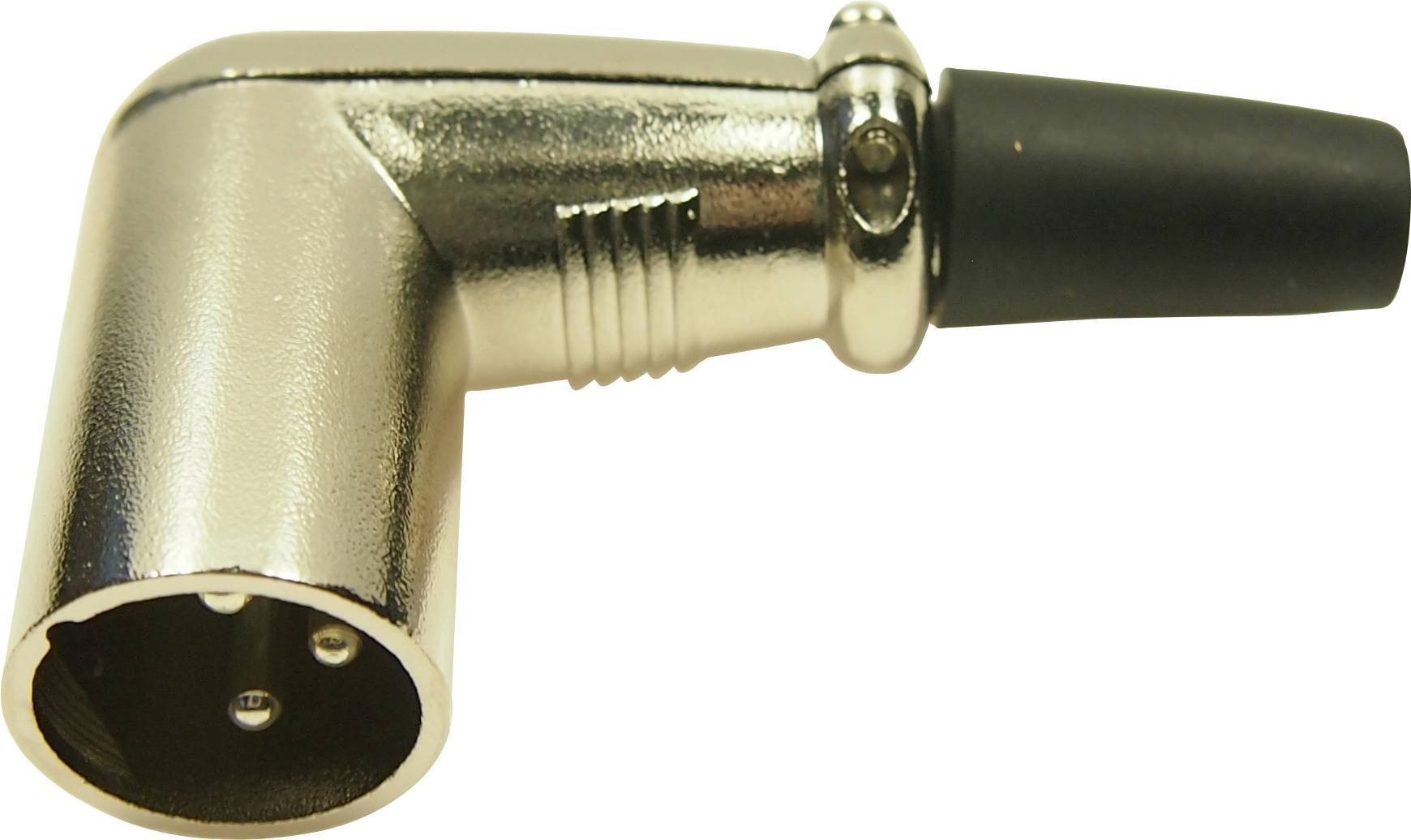 Un adaptateur métallique rectangulaire à trois broches avec un connecteur de câble noir, adapté aux connexions audio.