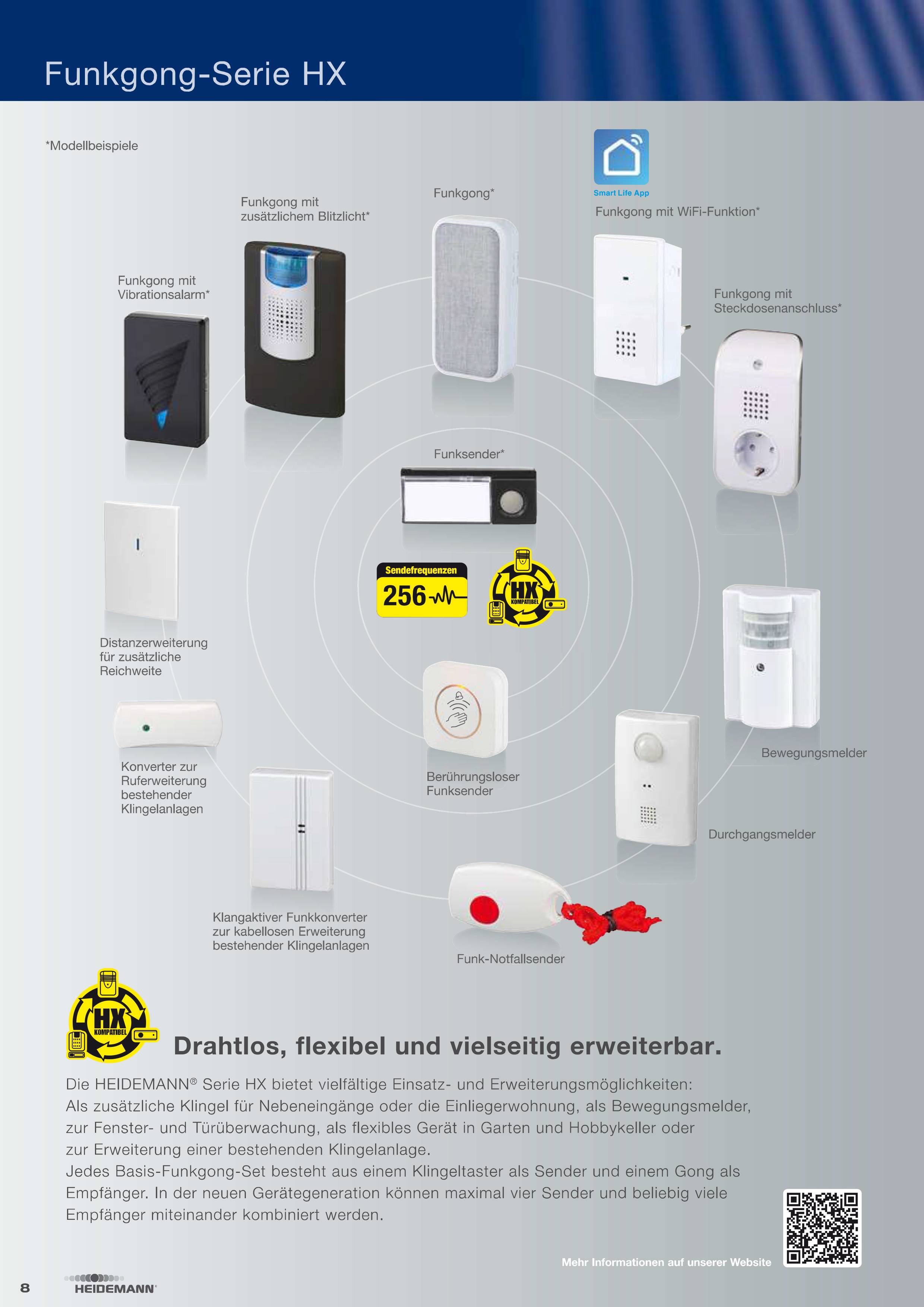 Série 'Funkgong HX' : Différents modèles de sonnettes sans fil avec des fonctionnalités telles que la compatibilité WiFi et diverses options de couleurs. Sans fil et extensible de manière flexible.
