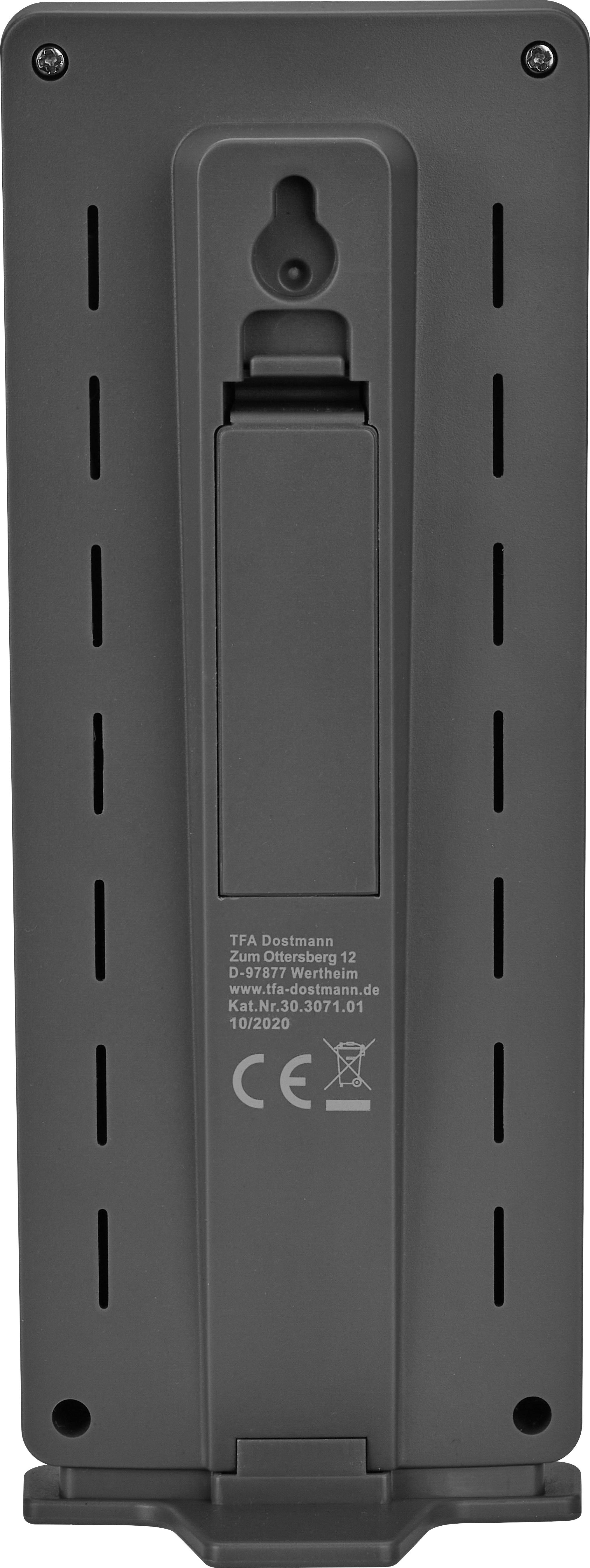 Dos d'un appareil électronique, avec des ouïes de ventilation standard et une indication du numéro de modèle. Boucle de montage en haut.