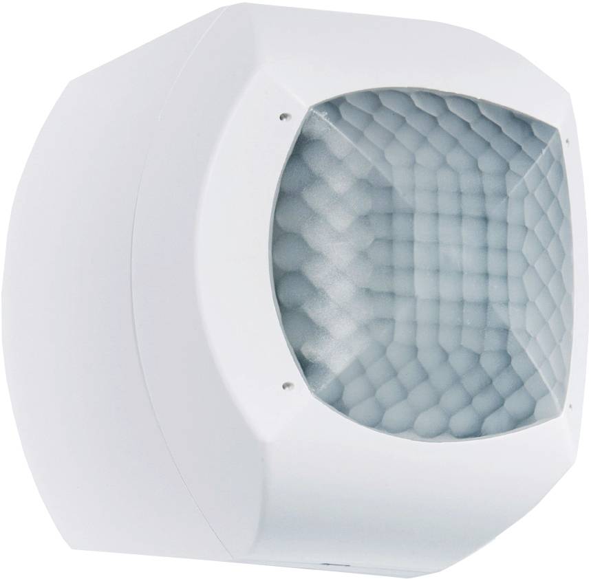 Une boîte de capteur blanche avec un panneau frontal transparent et structuré, pouvant être montée sur un mur ou un plafond.
