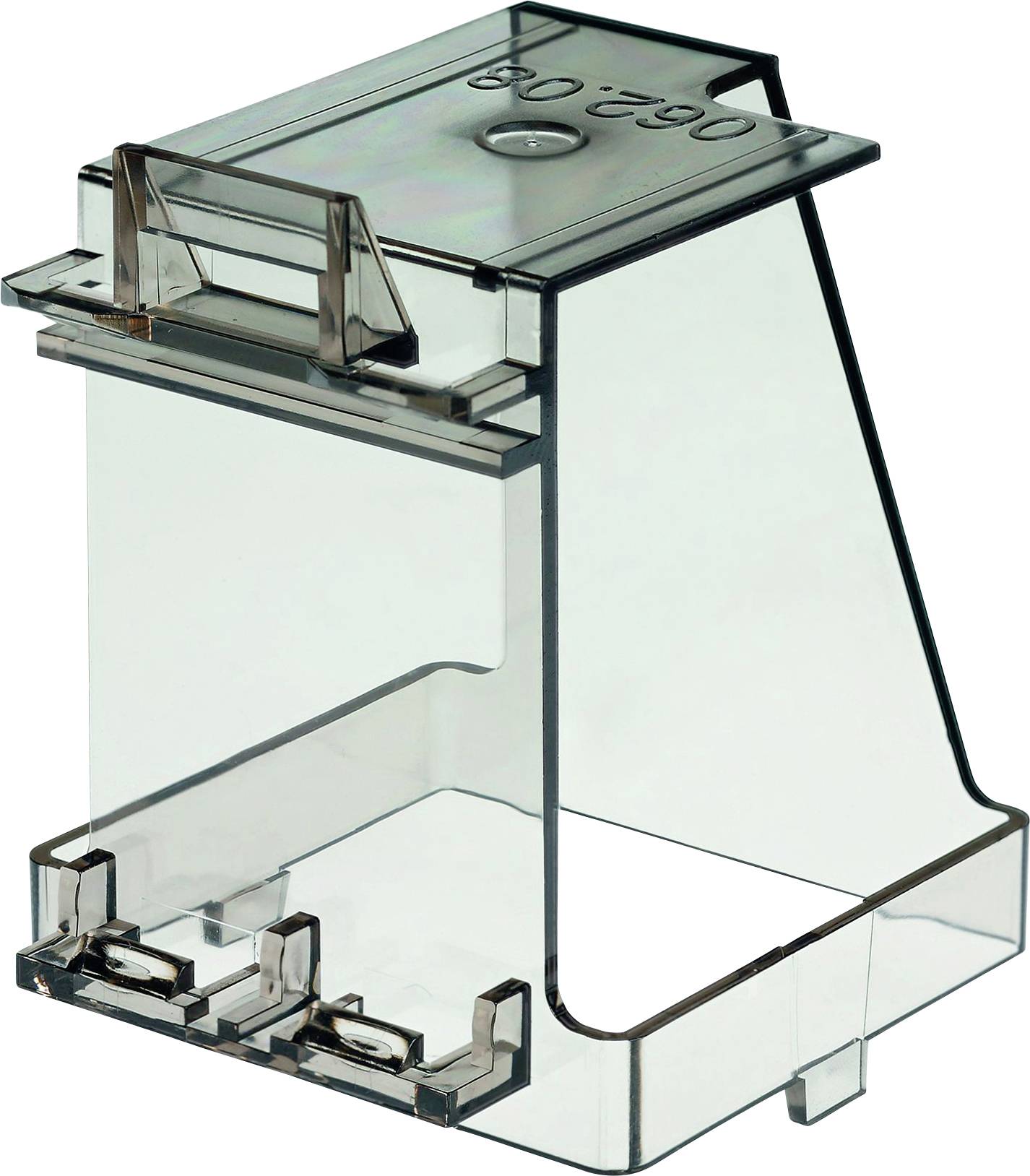 Un récipient en plastique transparent, rectangulaire, avec couvercle et poignée, adapté pour stocker ou présenter des objets.
