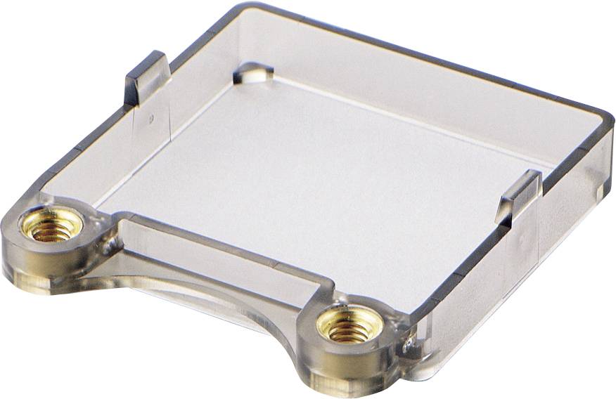 Couvercle de protection en plastique transparent de forme rectangulaire, doté de deux insertions métalliques aux angles ; utilisé pour protéger ou fixer.