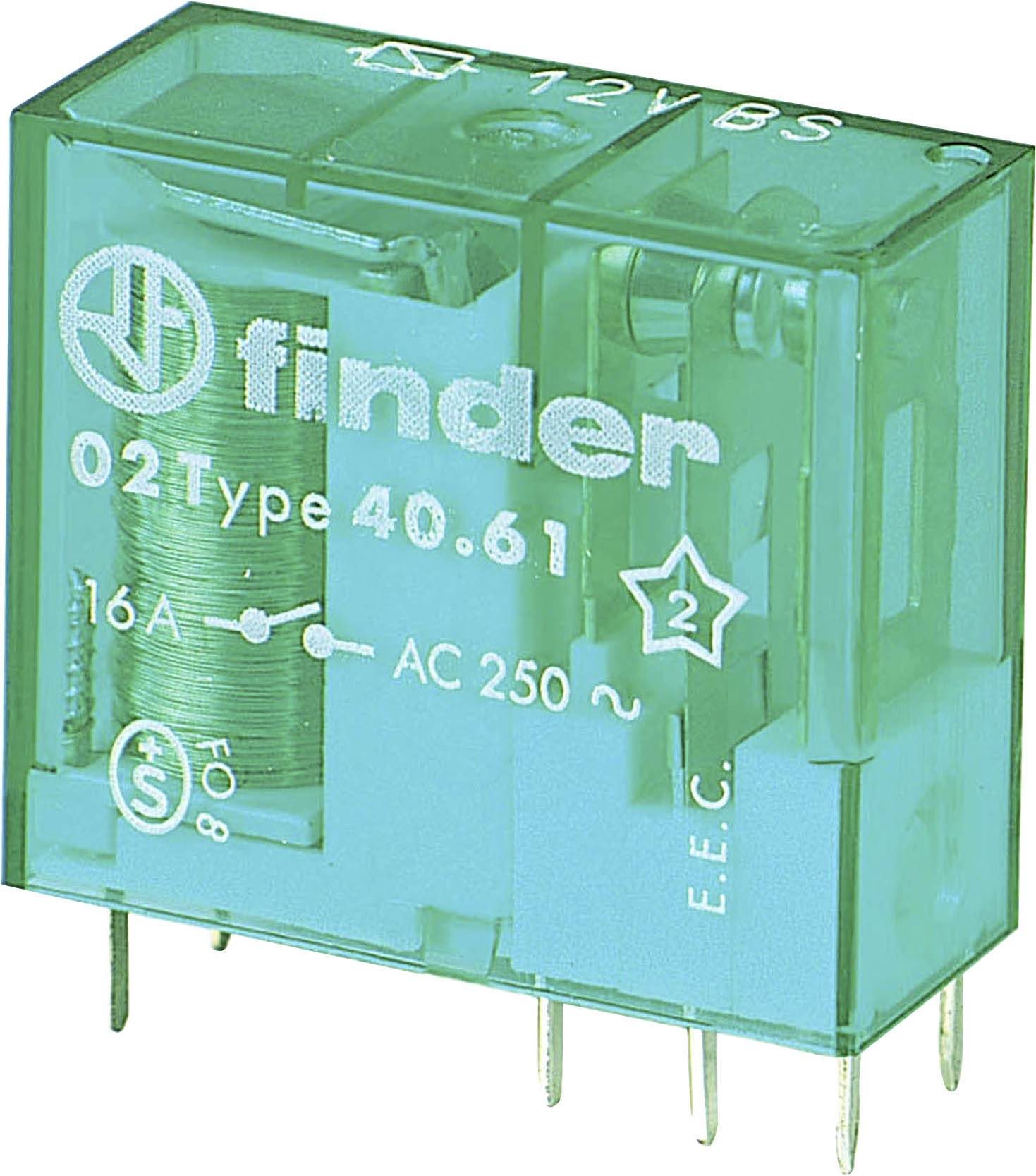 Relais vert portant l'inscription 'finder 02 Type 40.61'. Il affiche les caractéristiques techniques suivantes : 16A, AC 250V, 12V. Forme carrée avec broches métalliques.