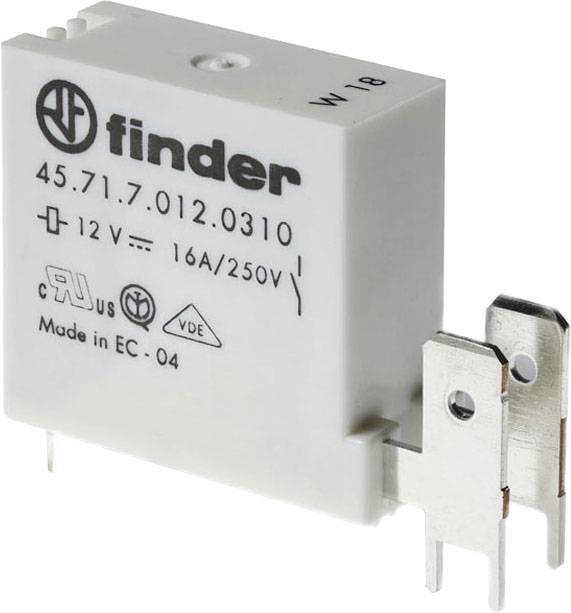 Relais avec étiquette '45.71.7.012.0310', 12 V, 16A/250V. Marque Finder, fabriqué dans EC, modèle W18. Composant électronique.