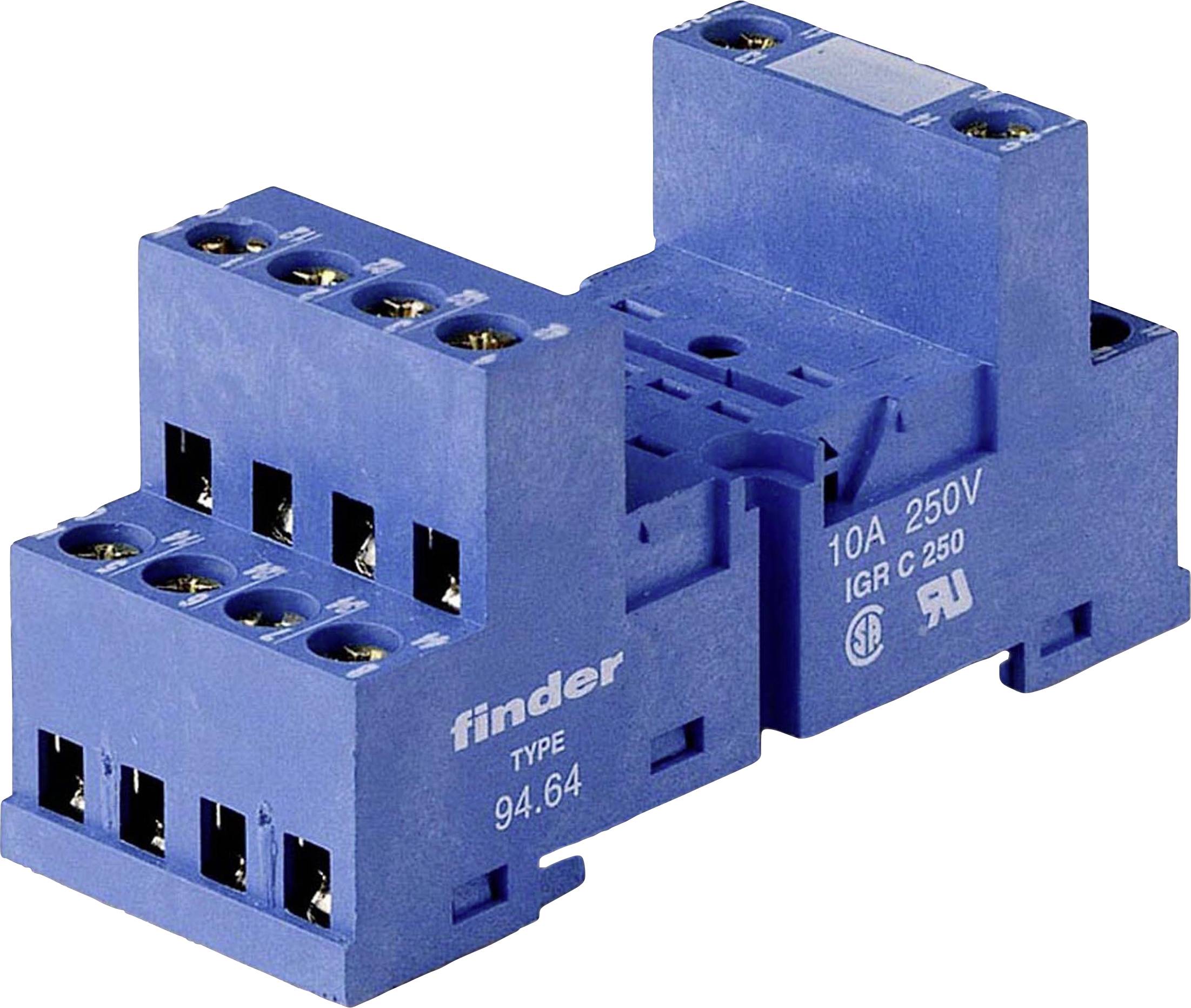 Un module de relais à socle bleu avec plusieurs emplacements et bornes de connexion électriques. Inscription : « Finder Type 94.64 10A 250V ».